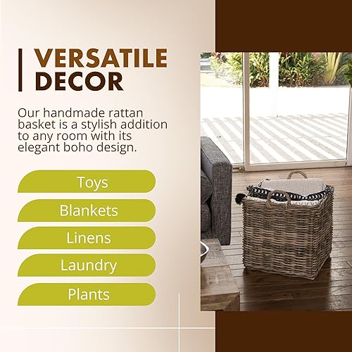 Miniatura 4 de KOUBOO Cesta cuadrada grande de ratán, hecha a mano, sala de estar, mantas, cubo de juguetes, almacenamiento adicional, almacenamiento decorativo,