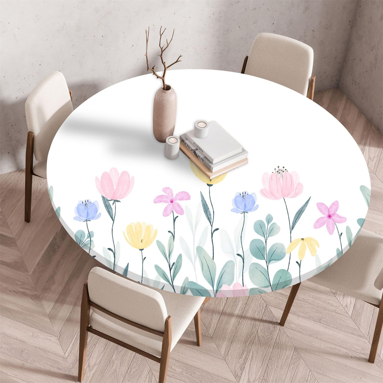Muiuou Round Tablecloth, Flower Printing Waterproof Wipeable Table Cover Elastic Edge, Reusable Round Table Cover Cloth, Fitted Kitchen Restaurant Home Decoration
