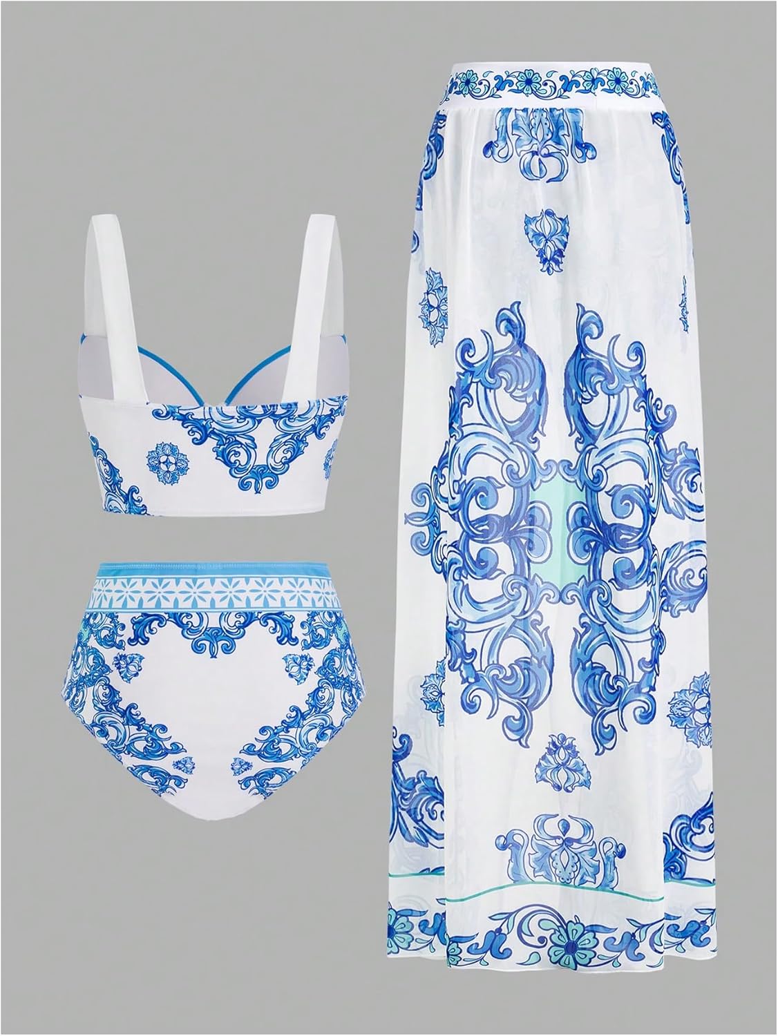 Floerns Women's 3 Piece Swimsuits Floral Print Bikini Sets with Beach Cover Up