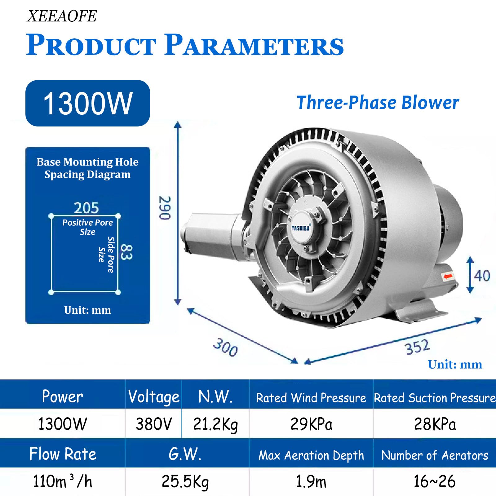 Sprężarka Regeneracyjna 88/110m³/h, 700/850/1300W Przemysłowa Pompa Próżniowa do Dmuchania lub Zassania Powietrza do Aeracji Ścieków Akwarium Staw Rybny 1300W