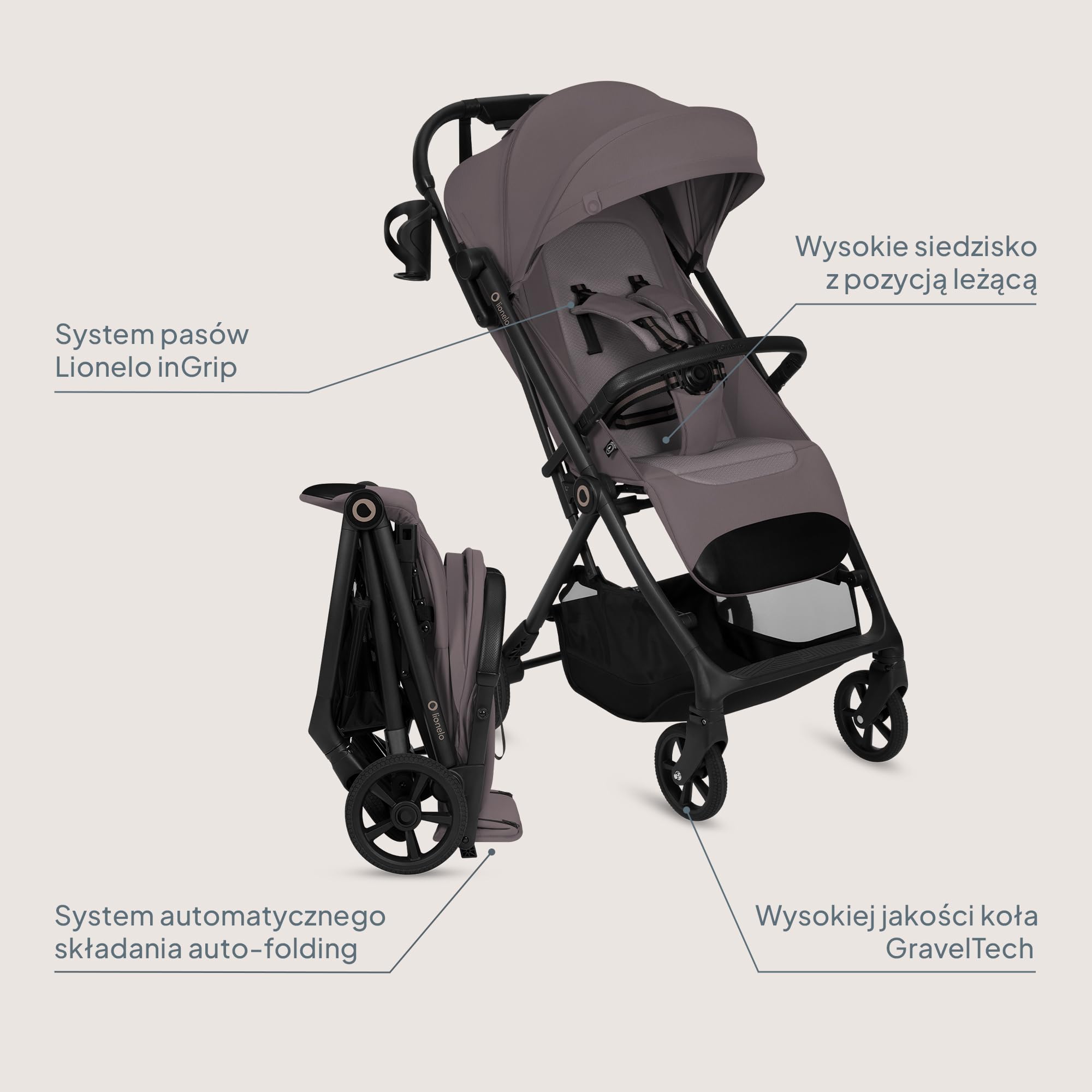 Lionelo Tansi wózek podróżny do 22 kg, 6 miesięcy – 4 lata, kompaktowy, składany jedną ręką, kółka GravelTech, pozycja leżenia 92 cm, osłona z ochroną UPF50+, wodoszczelny, kosz do 3 kg