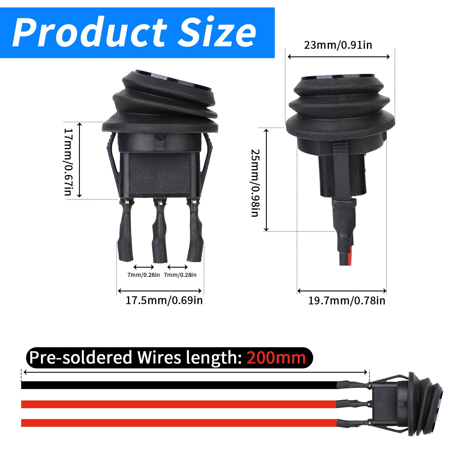Zestaw 4 okrągłych przełączników wodoszczelnych 12 V, 20 A, SPST, 3-pinowe niebieskie diody LED ON/OFF 20 cm, wstępnie okablowane