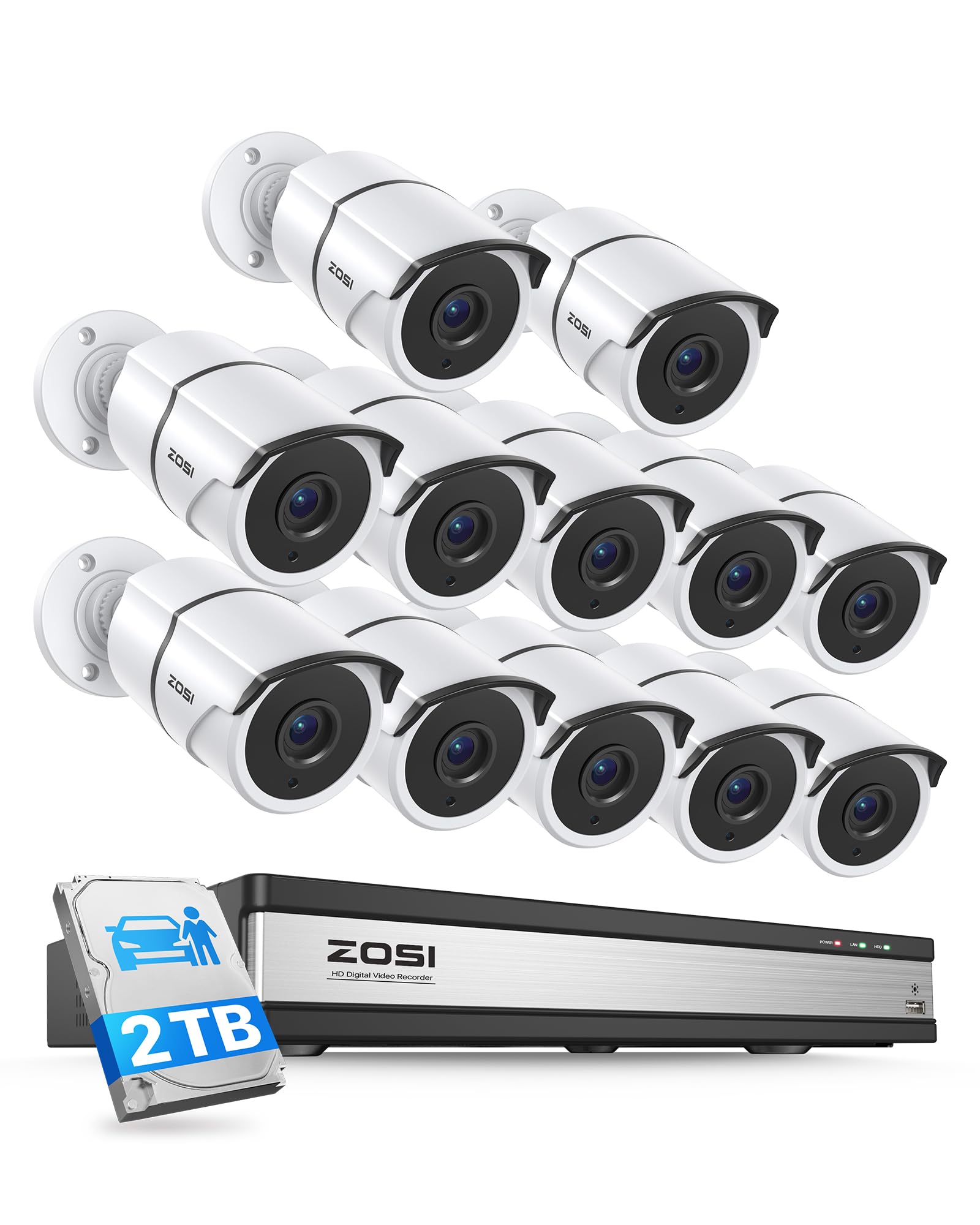 ZOSI 16 Channel Wired Security Camera System with 2TB HDD, 12 x 1080P Indoor Outdoor Metal CCTV Cameras with Audio, AI Human/Vehicle Detection, No Monthly Fee, H.265+ 16CH DVR for Business & Home 16CH-12Cam-2TB