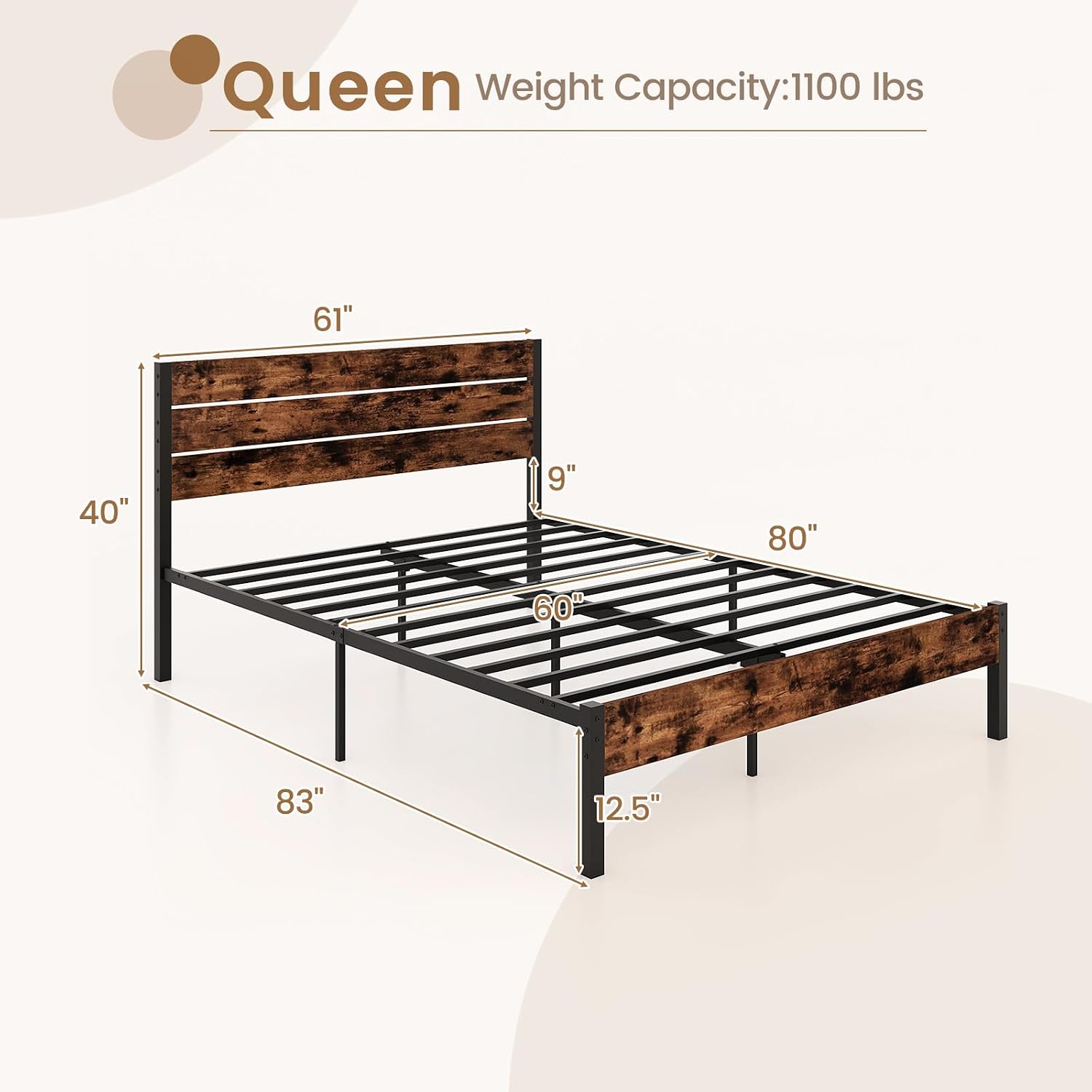 GOFLAME Queen Size Bed Frame with Headboard, Metal Platform Bed with Under-Bed Storage Space & Slatted Headboard, Industrial Bed Base, No Box Spring Needed Mattress Foundation, Rustic Brown
