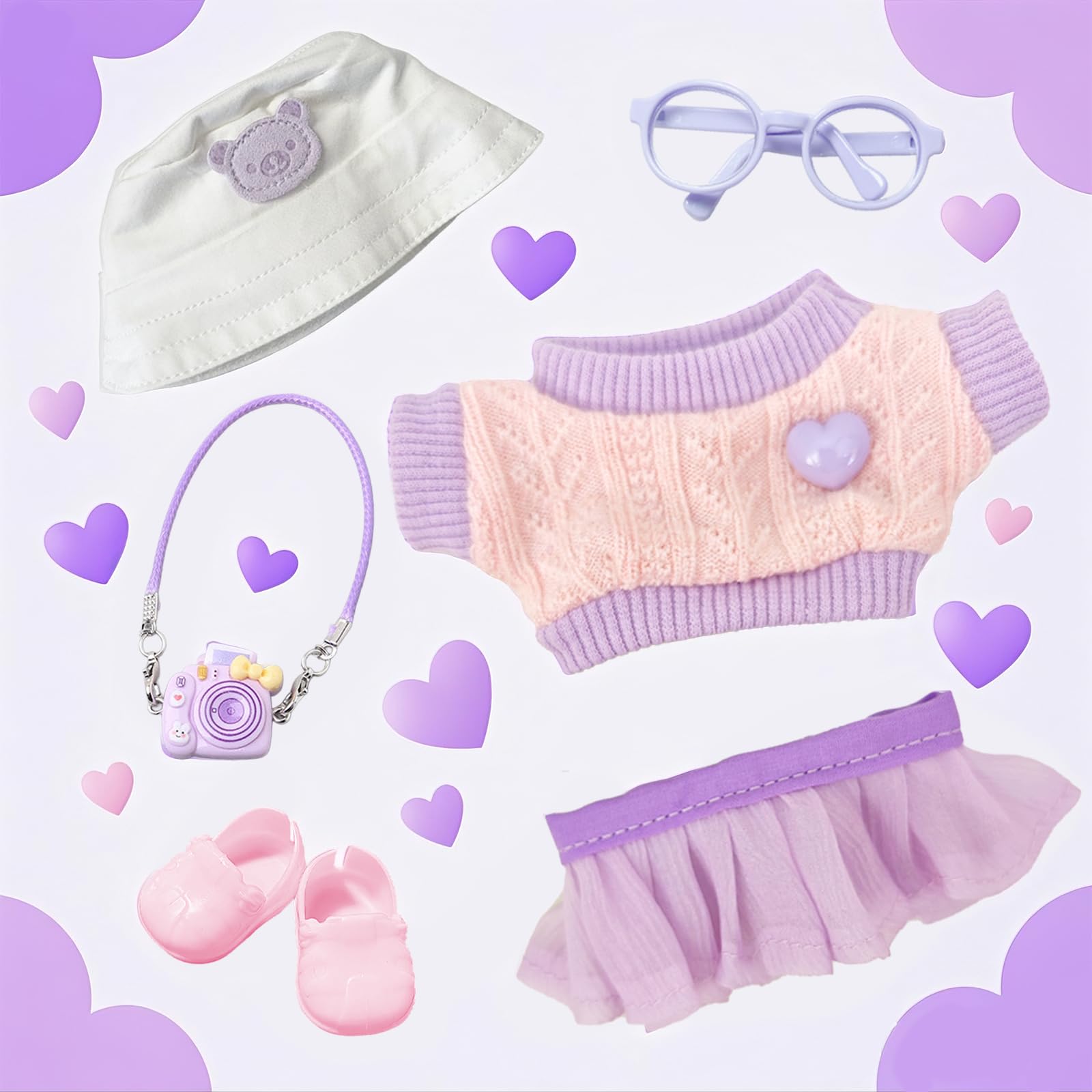 Set Di Vestiti Per Bambole 15-17 Cm – 5 Pezzi: Maglione, Gonna, Cappello, Fotocamera, Scarpe – Colore Viola