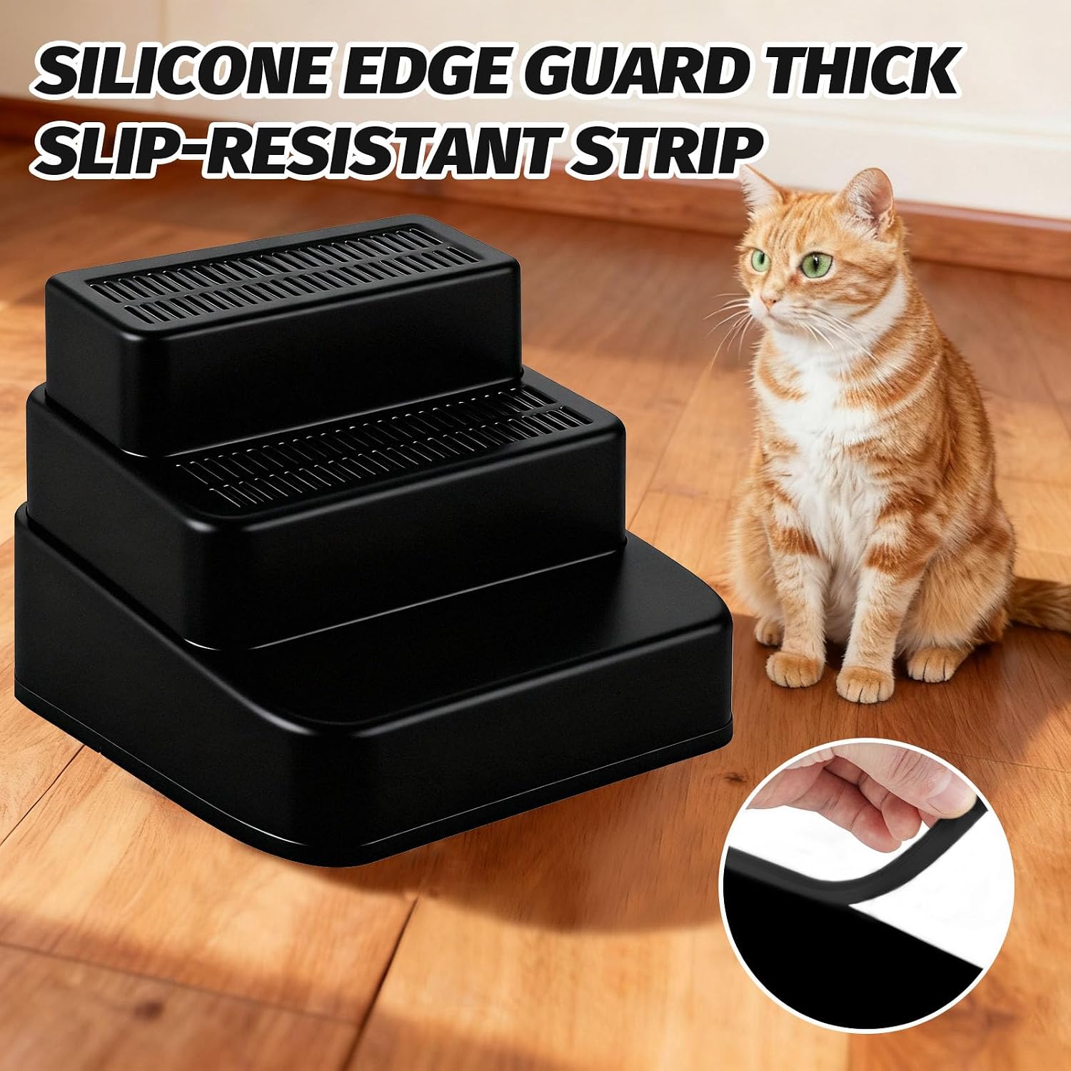 Adjustable 3 Steps Cat Litter Box Ramp with Detachable Litter Trapper, Non-Slip Anti-Tracking Easy Clean Cat Steps for Small & Elderly Cats, Fits Automatic Litter Boxes (Black)
