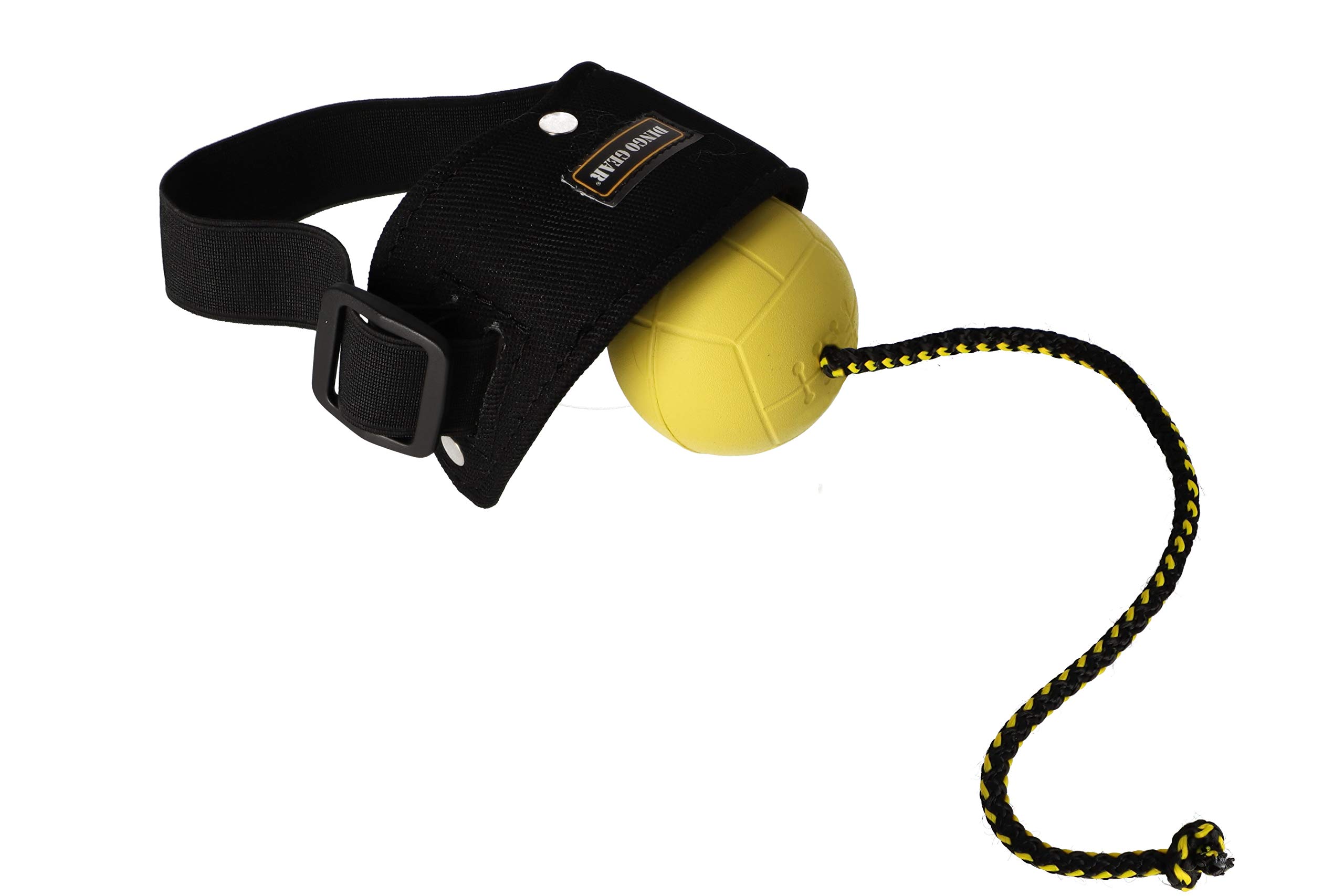 Dingo Gear Ball für Training schwimmed Ball weich Gummiball Farbe Gelb apport Spiel mit Hund Ausbildung (Set Ballhalter+ Bäll # 70 mm Seil 30 cm)