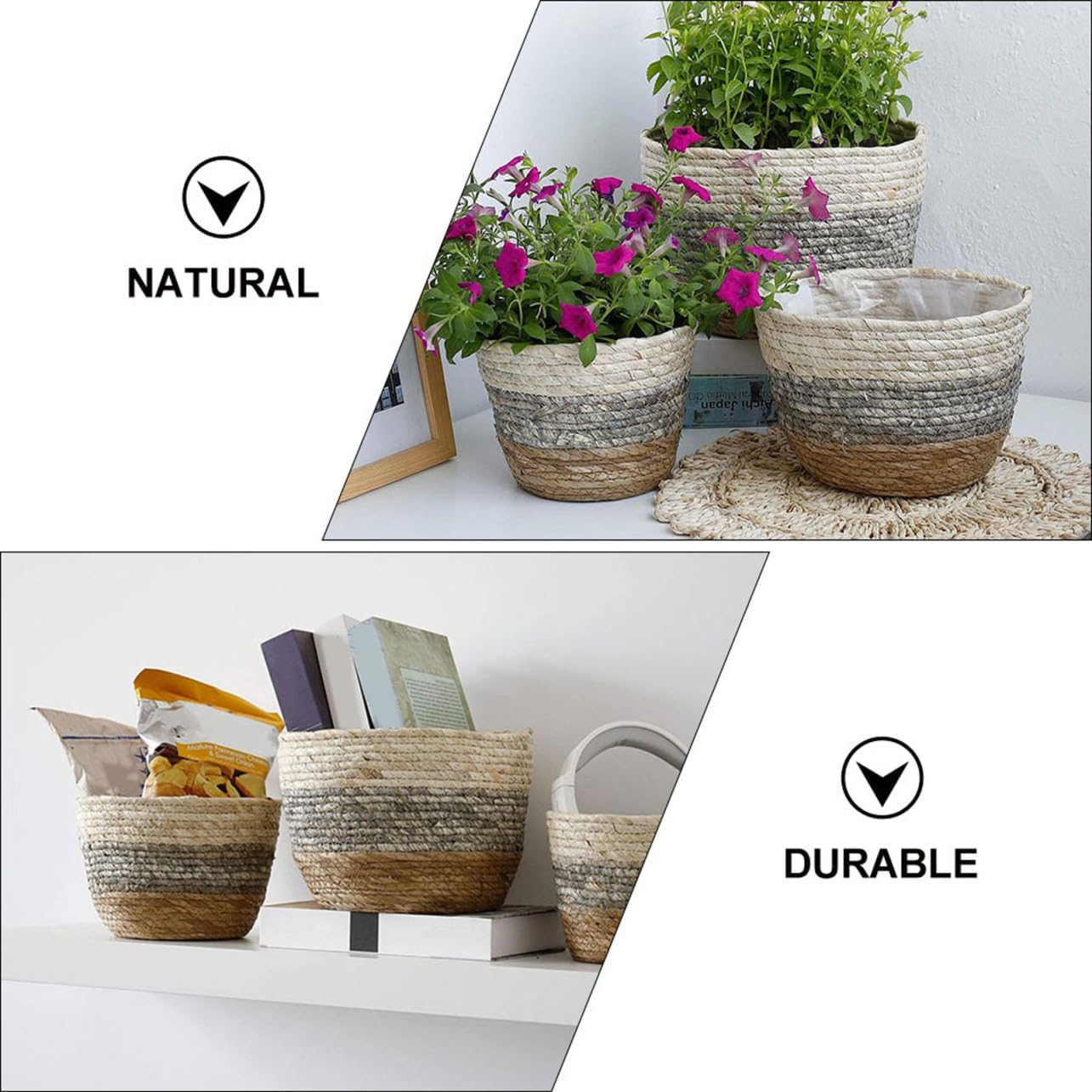 Yardwe 3pcs Hand-Woven Decorative Grass Flower Pot Basket Set Assorted s for Indoor Plants Natural Rustic Storage for Home Decor