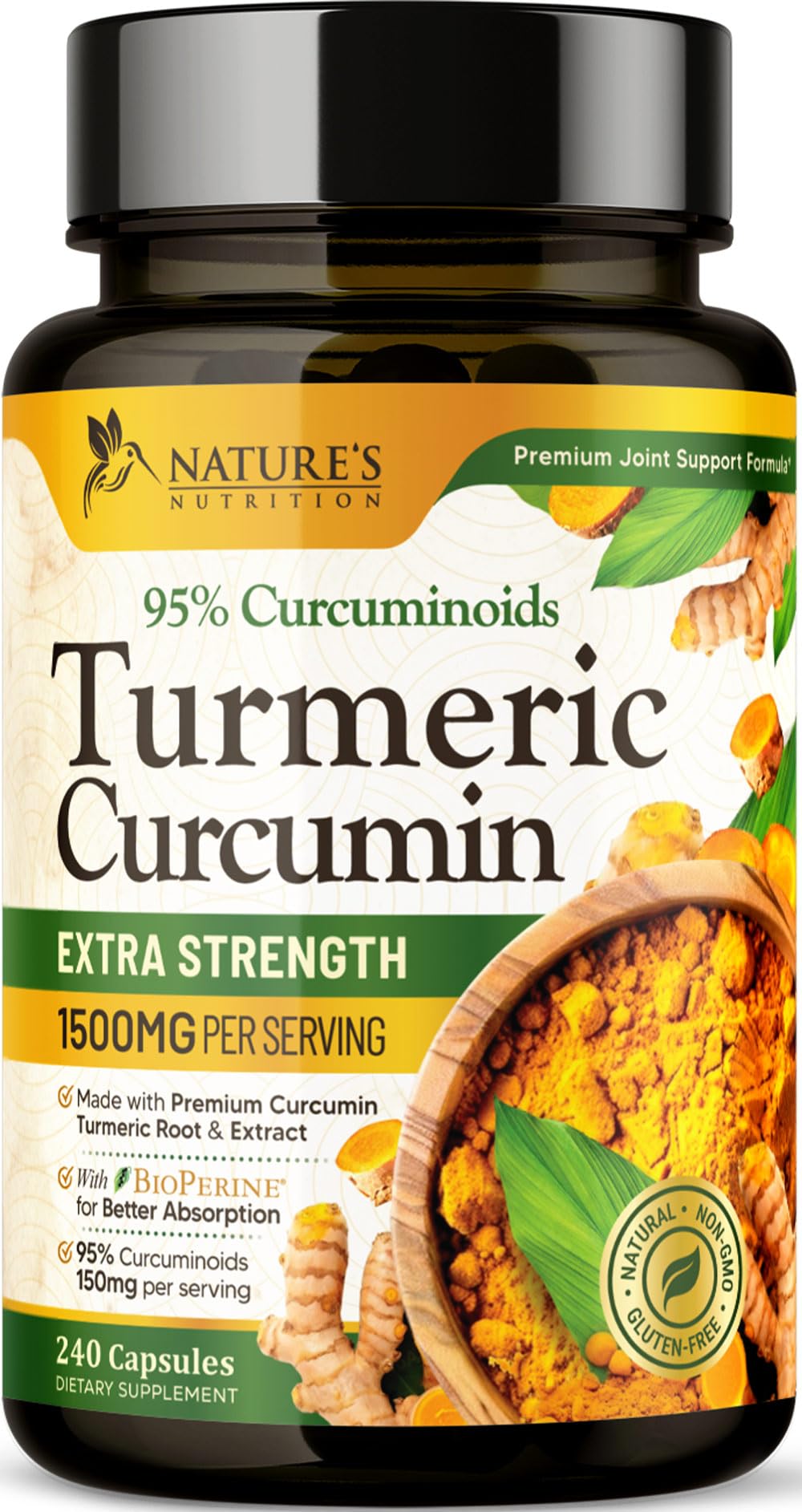 Turmeric Curcumin Supplement 1500mg - Organic Tumeric & BioPerine Black Pepper for Best Absorption with 95% Curcuminoids, Nature's Joint & Immune Support, Non-GMO, Bottled in USA - 240 Capsules 240 Count (Pack of 1)