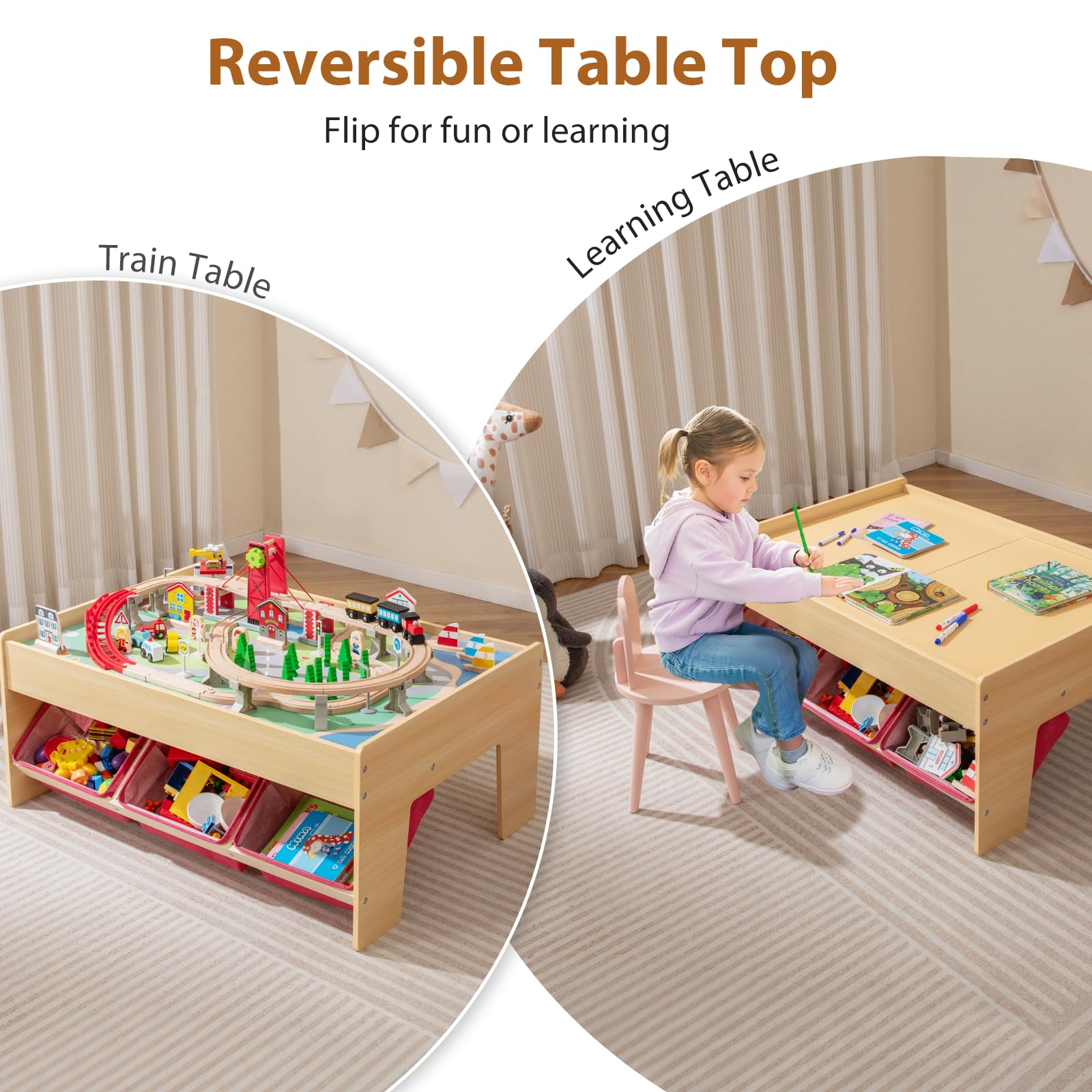 LIFEZEAL Holzeisenbahn Set, Kinder Spieltisch mit Aufbewahrungsbox, Multifunktionaler Aktivitätstisch mit Fahrzeuge, Gleise und Zubehör, Bausteintisch für Jungen & Mädchen, 92 x 64 x 40 cm