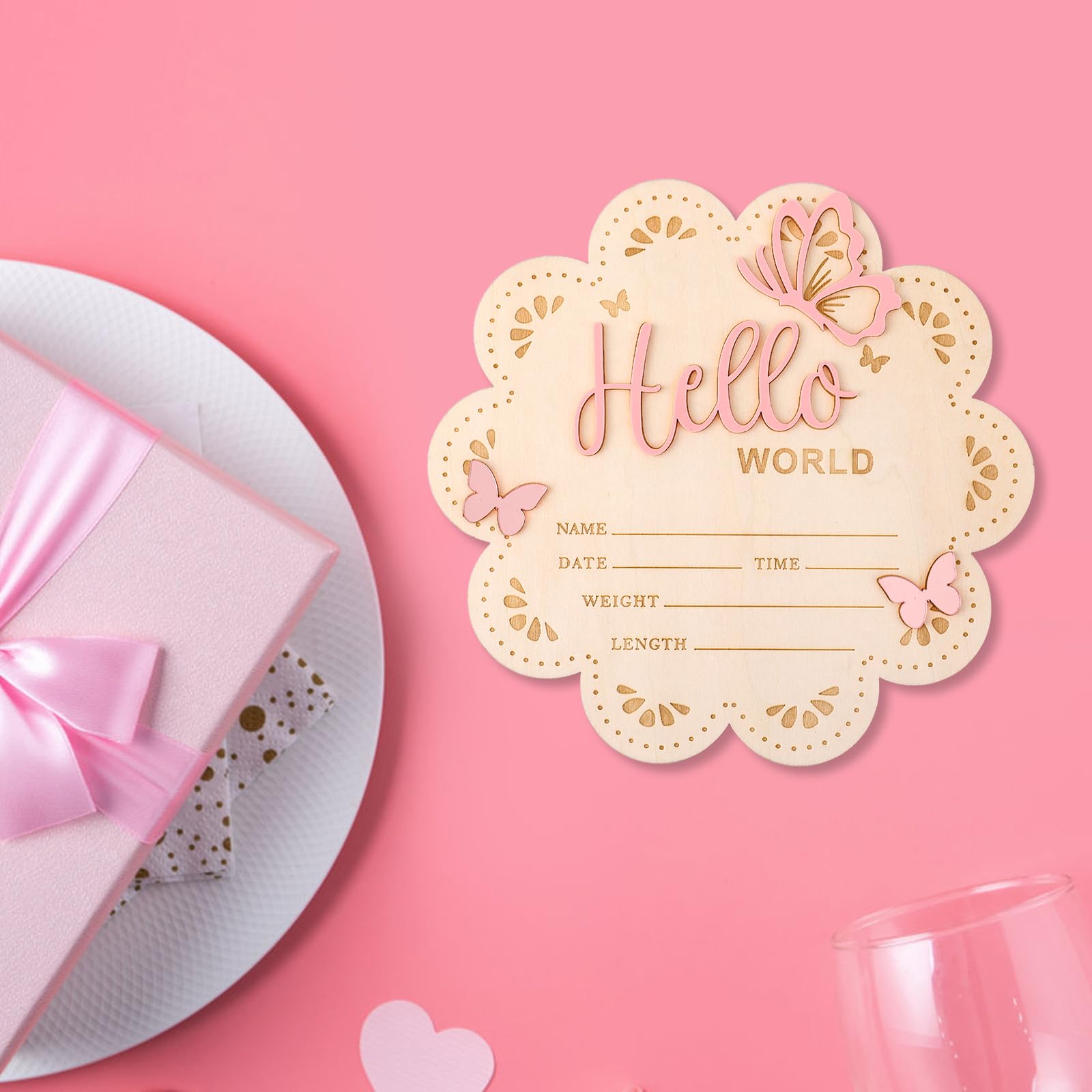 NQEUEPN Carte Mensuelle Bebe Bois, 15,5cm Panneau Hello World en Bois Cartes Étapes Bébé Plaques de Nom de Naissance pour Nouveau-Nés Accessoires Photo pour Fête Prénatale Crèche (Rose)