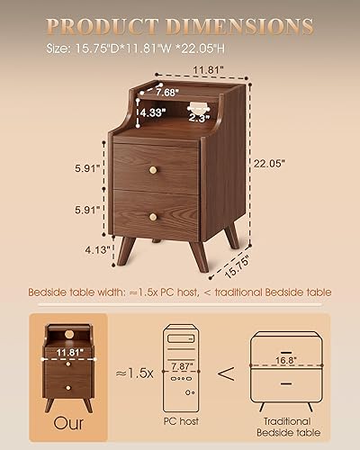 Miniatura 2 de Mesita de noche estrecha con cajones, mesa de noche delgada de madera maciza de 11.8 pulgadas con estante abierto y orificio para cable, armario de
