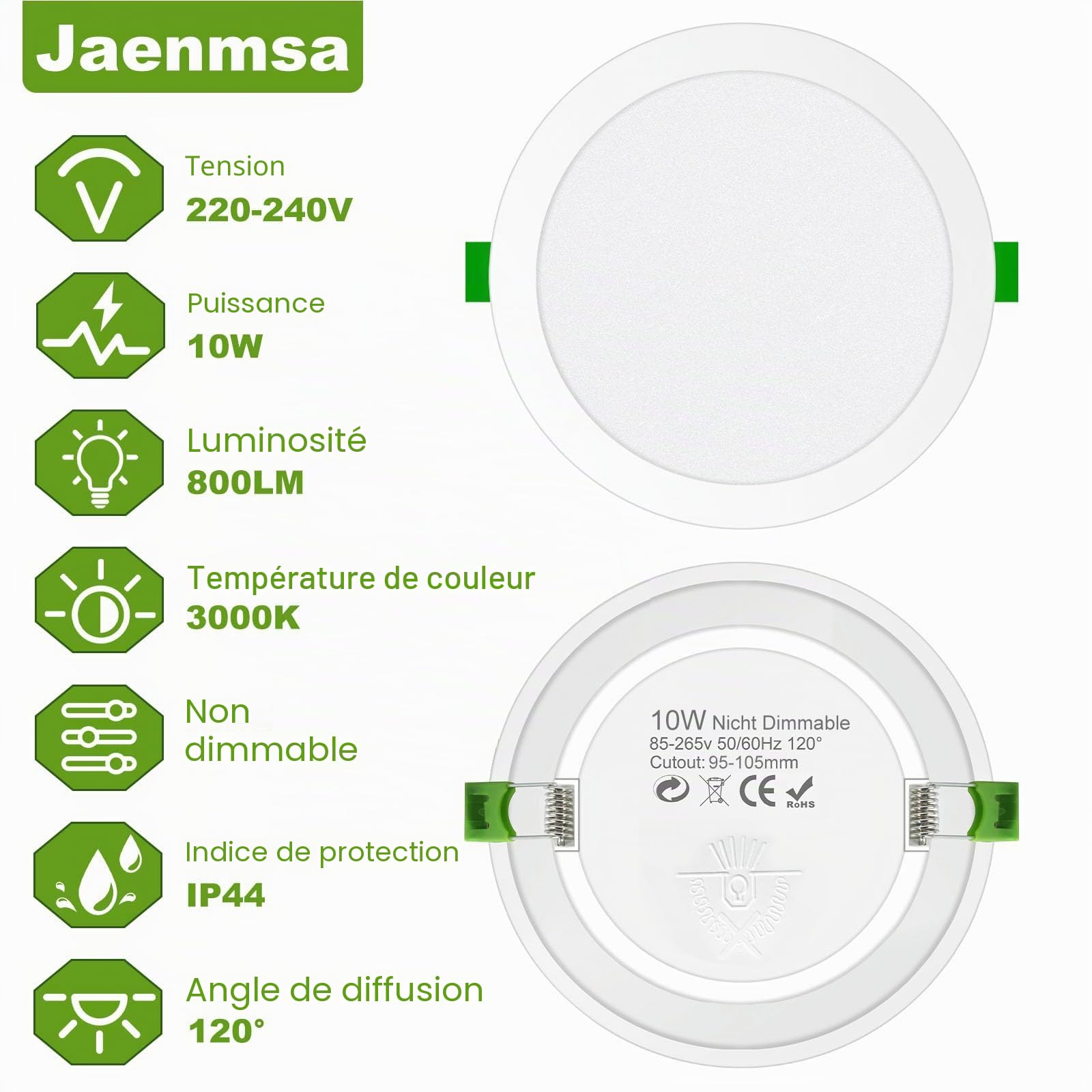 Spot Led Encastrable Salle de Bain,Spots LED 230V, 10W Trou Φ 95-105mm, IP44, Non Dimmable，Spot Led Encastrable Extra Plat, Blanc Chaud 3000K pour Salle de Bain, Cuisine, Salon,Lot de 12