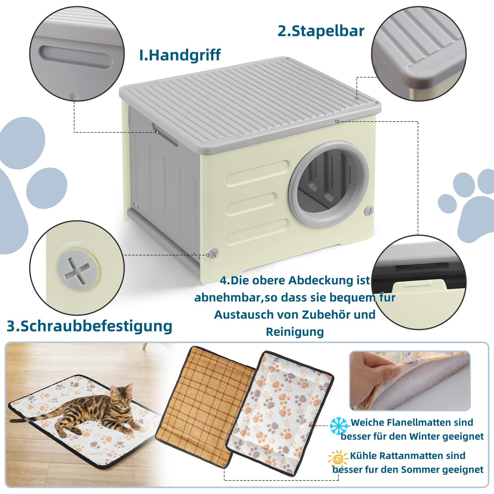 Kunststoff-Katzenhaus für Den Innen- und Außenbereich Wetterfester Unterstand Erhöhtes Design mit Doppelseitigen Matten Katzenhaus für Alle Jahreszeiten (Grau, 54 * 41 * 38)