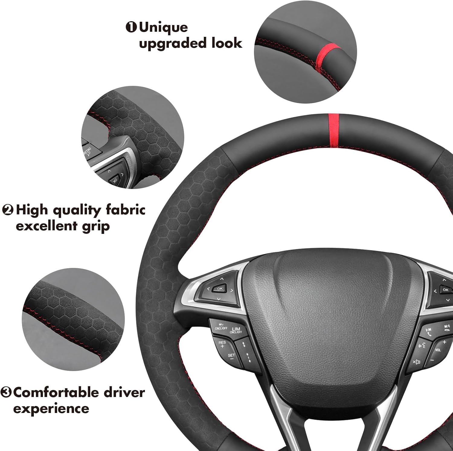 MEWANT Steering Wheel Cover for Ford Edge 2015-2024 / Fusion 2013-2020 Hand-Stitched Steering Wheel Wrap