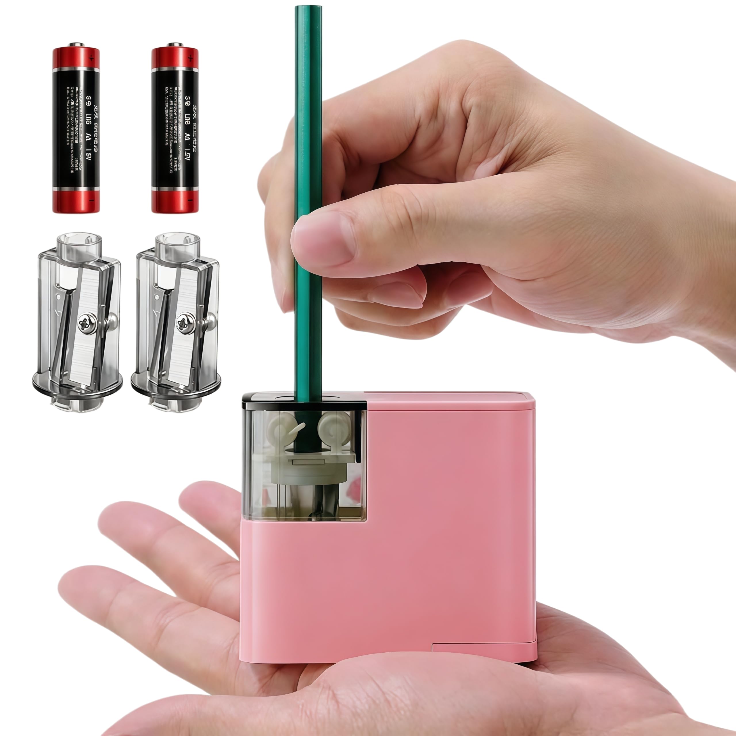Elektrischer Bleistiftspitzer mit Batterie, batteriebetrieben, für Buntstifte, tragbarer Spitzer, zwei Ersatzklingen für 6–8 mm Bleistifte für Büro/Zuhause/Schule (Rosa)