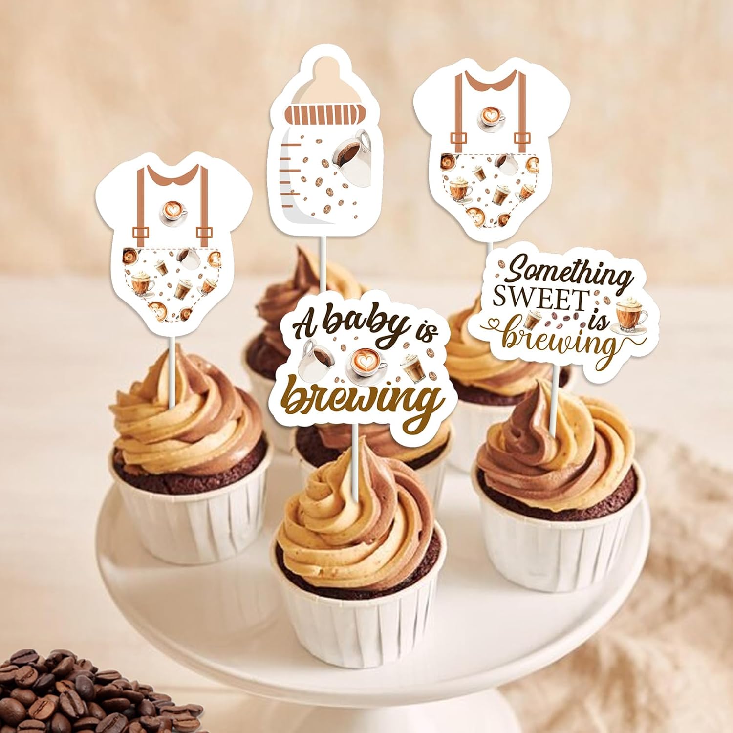 Jollyboom A Baby is Brewing Baby Shower Decorations, 24pcs Coffee Something Sweet is Brewing Cupcake Toppers Double-sided Printing Brown for Coffee Gender Reveal Pregnancy Announcement Gift