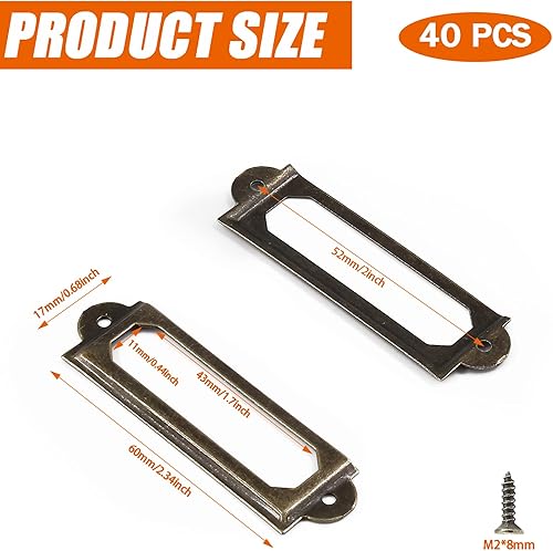 Miniatura 2 de 40 portatarjetas de metal antiguo para cajones de archivos, de biblioteca, marco de tarjetas de oficina vintage para cajones, gabinetes, estantes