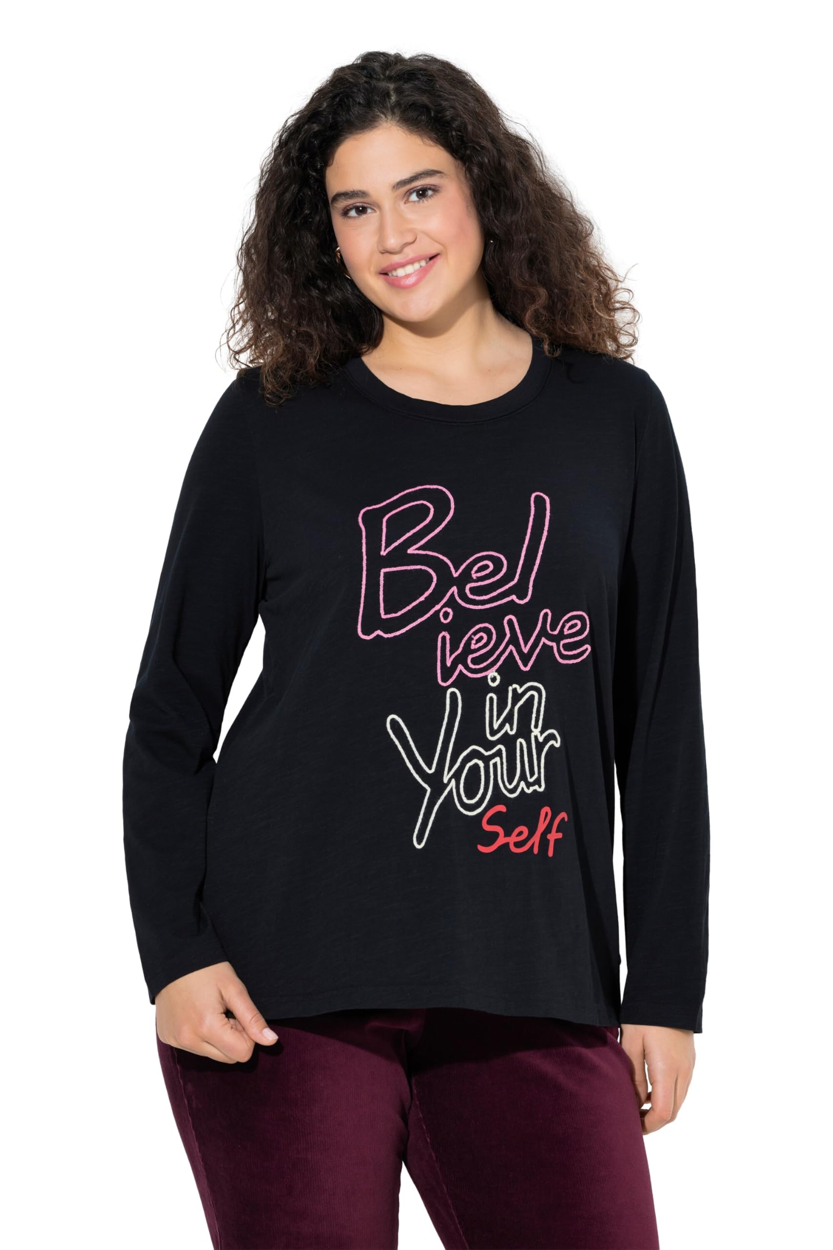 Ulla Popken Damen große Größen Übergrößen Plus Size Shirt, Schriftmotiv, Classic, Rundhals, Langarm 842064