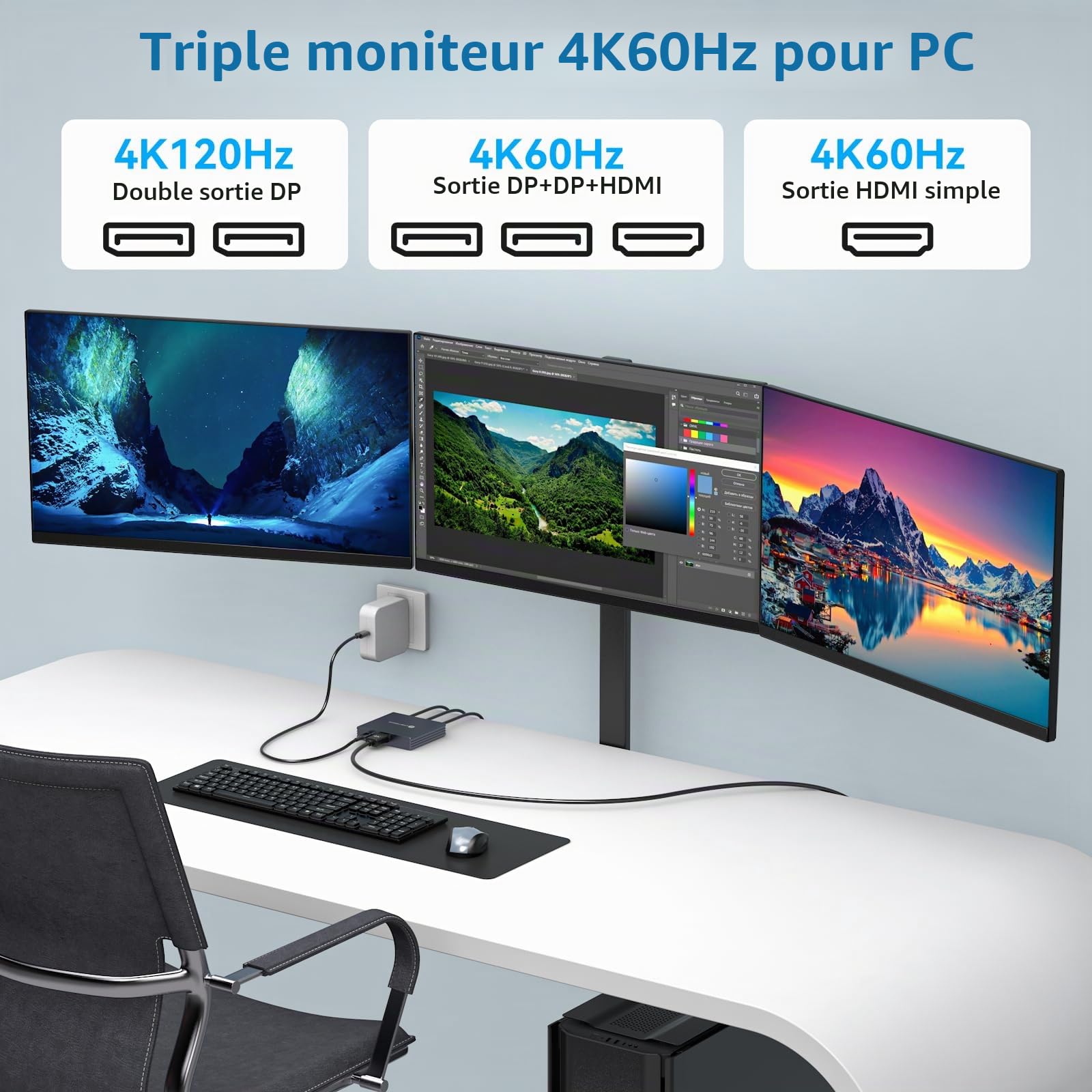 VEDINDUST Répartiteur DisplayPort 1 entrée 3 Sorties DP vers HDMI & DP Adaptateur, 4K@120Hz 4K@60Hz Supporte Les Modes MST et SST Affichage étendu MST pour Windows Uniquement