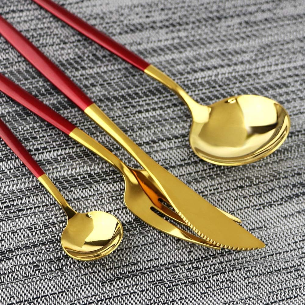 Juego De Cubiertos De Acero Inoxidable 304 De 40 Piezas, Juego De Cubiertos Pulidos A Espejo para 10 Personas, Utensilios Reutilizables con Mangos De Oro Rojo, Ideal para Uso Diario, Reuniones