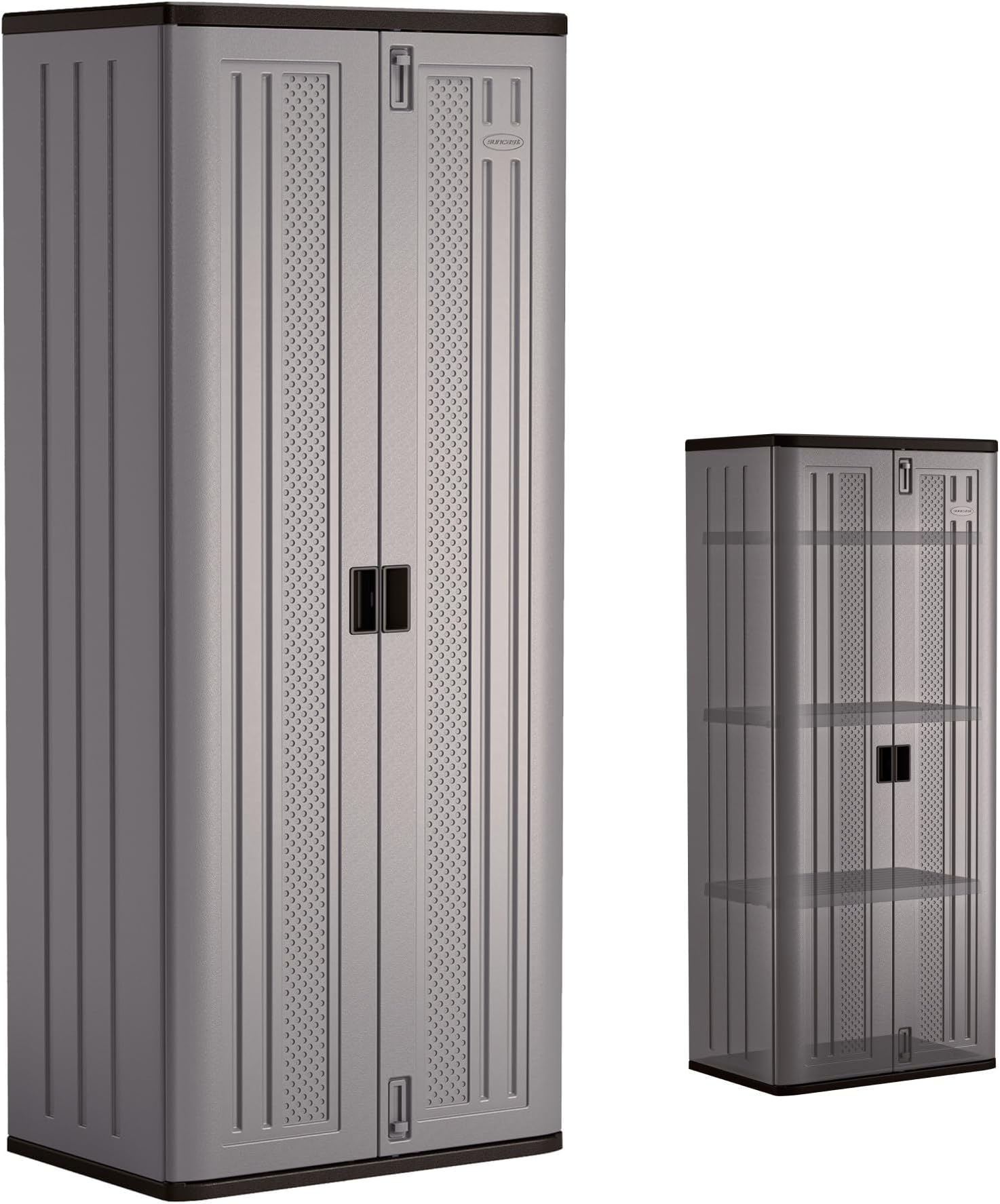 Suncast Tall Storage Cabinet, Platinum Resin Garage Storage Cabinet with Doors & Shelves, Plastic, Lockable, Freestanding Utility Closet for Tools & Supplies, Made in USA