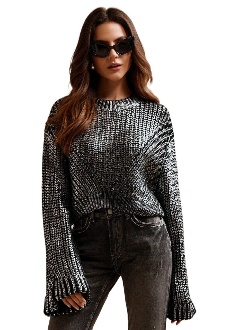 Womens Casual Fashion Sweater Gradient Silver Foil Jumper in Knit Pullover Fall Winter