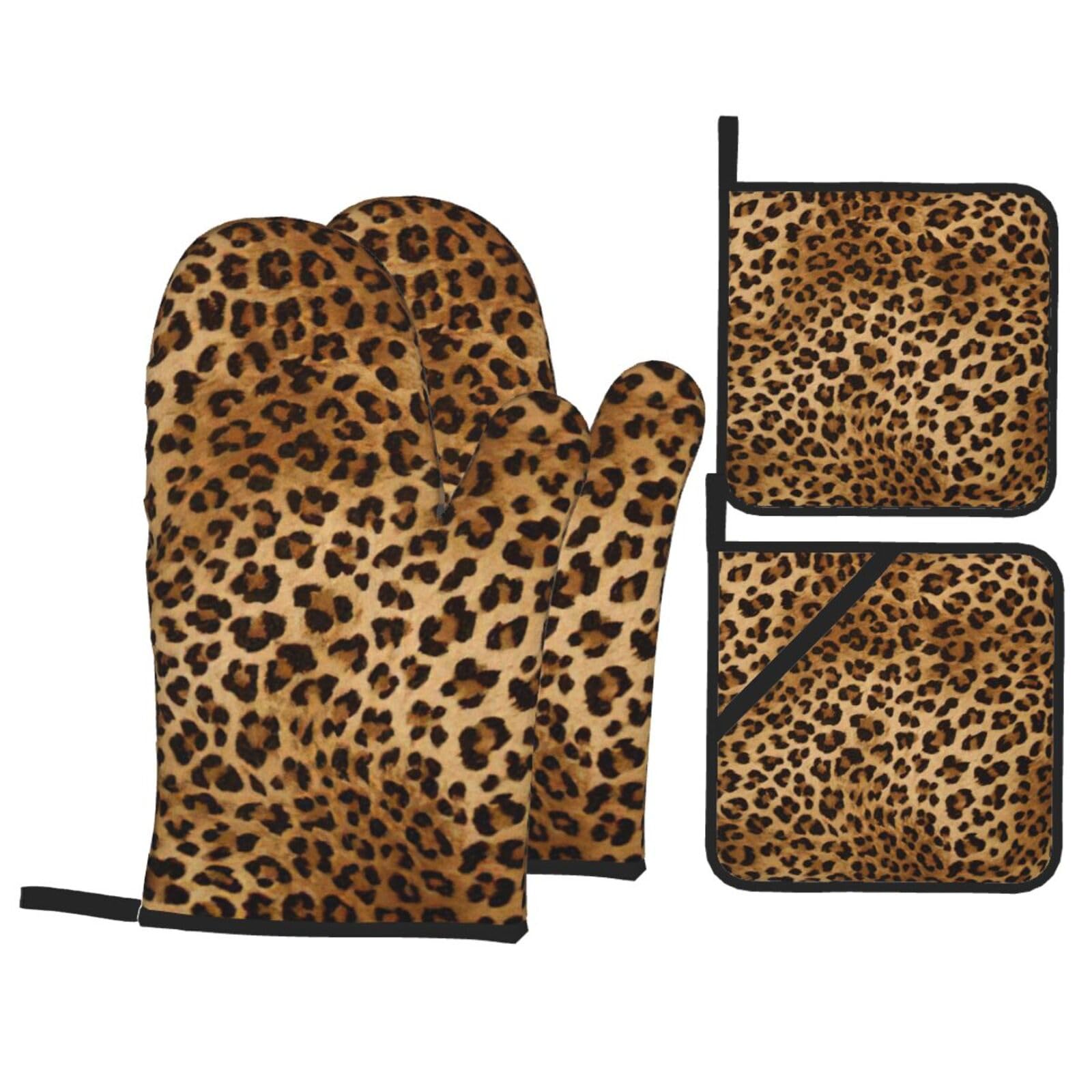 Nimongt Black Cute Leopard Print Heat-Resistant 4-Piece Oven Kitchen Gloves For Baking Cooking Microwaving Essentials