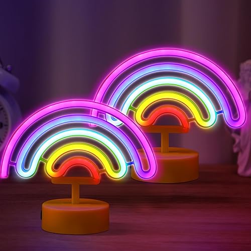 Retisee 2 piezas de luz de neón arcoíris con USB o pilas, luz de mesa de neón arcoíris para dormitorio, decoración de mesa de habitación de niñas