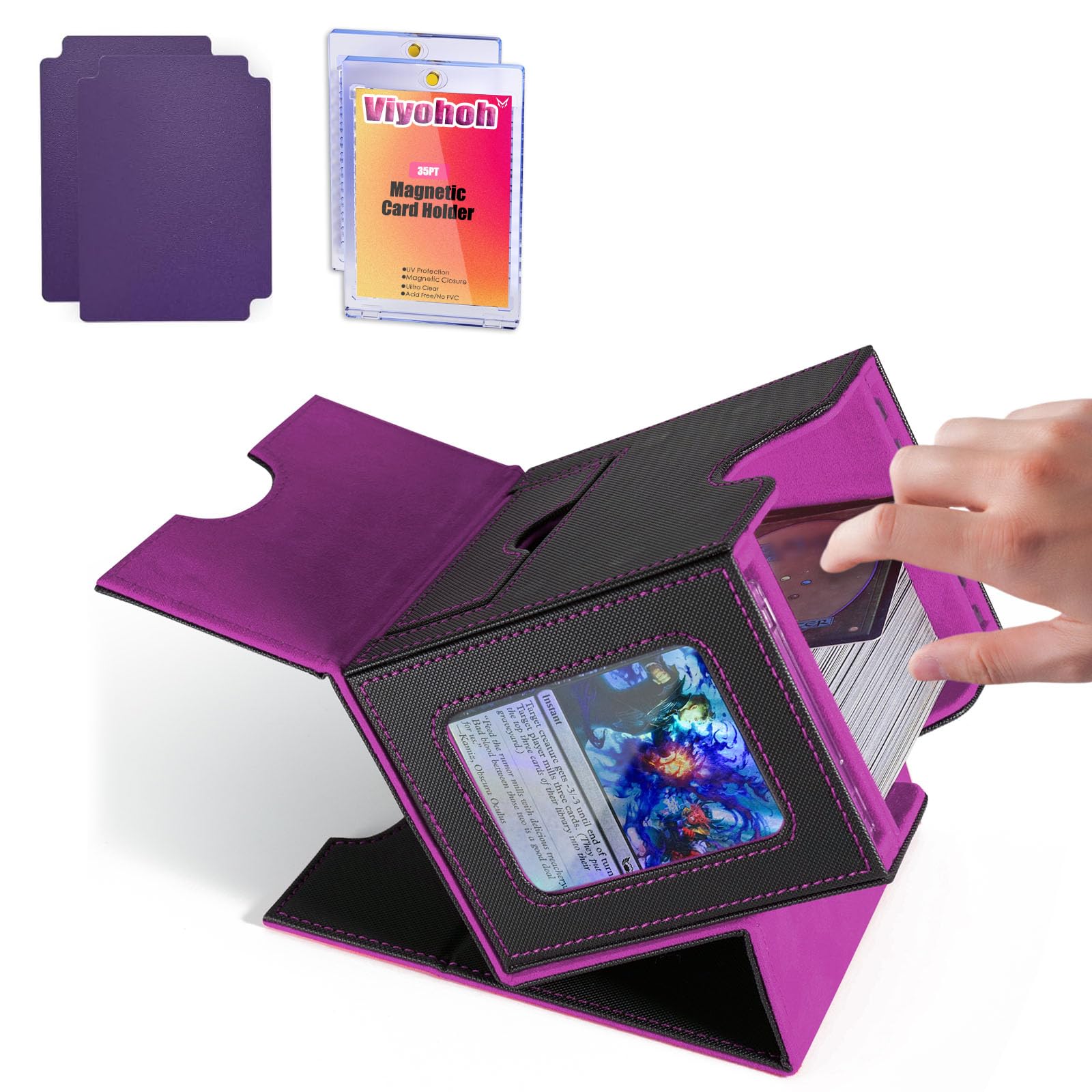 Viyohoh Card Deck Box for MTG with Commander Display Fits 100 Double-Sleeved Cards, Deck Case for TCG/Sports Cards with 2 Magnetic Card Holders (Black&Purple)