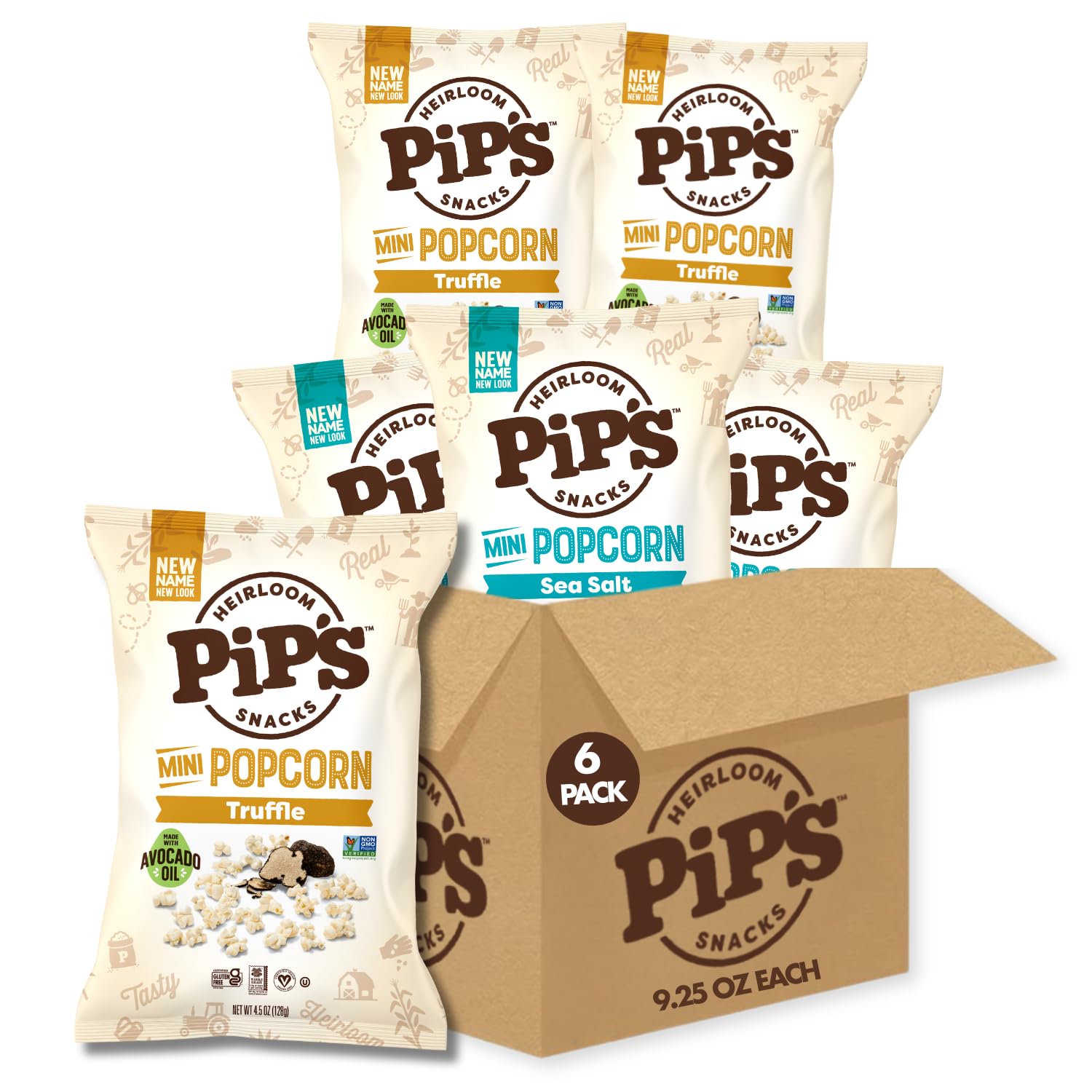Heirloom Mini Popcorn Variety Pack by Pips- Sea Salt and Truffle 4.5oz 6pk - Gluten Free Snacks, Snack Variety Packs, Heirloom Corn