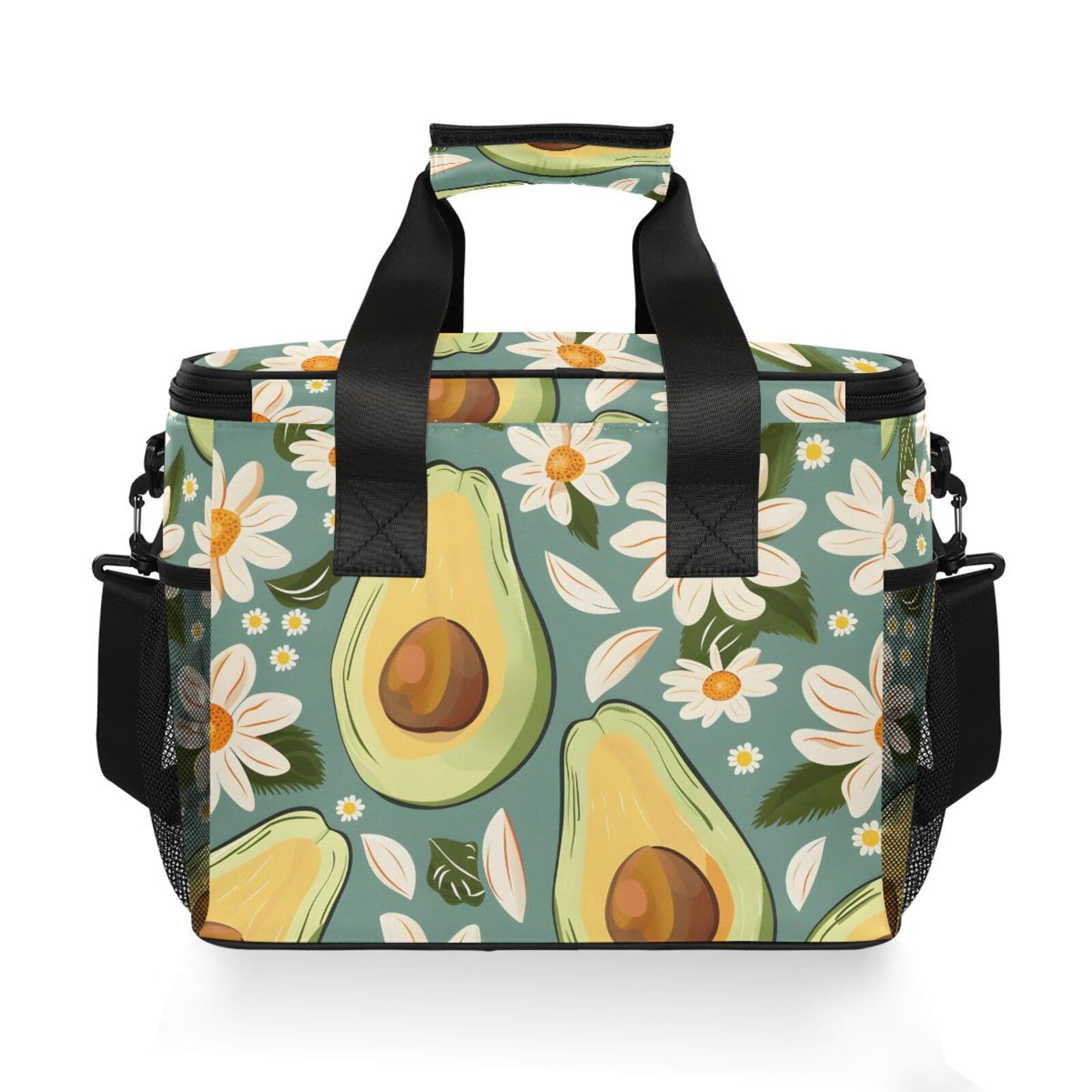 Grüne Avocado-weiße Gänseblümchen-Kühltasche, groß, isolierte Lunchtaschen, Picknick-Kühltasche, 15 l, 24 Dosen, wasserdichte Thermotasche für Erwachsene, Männer, Frauen