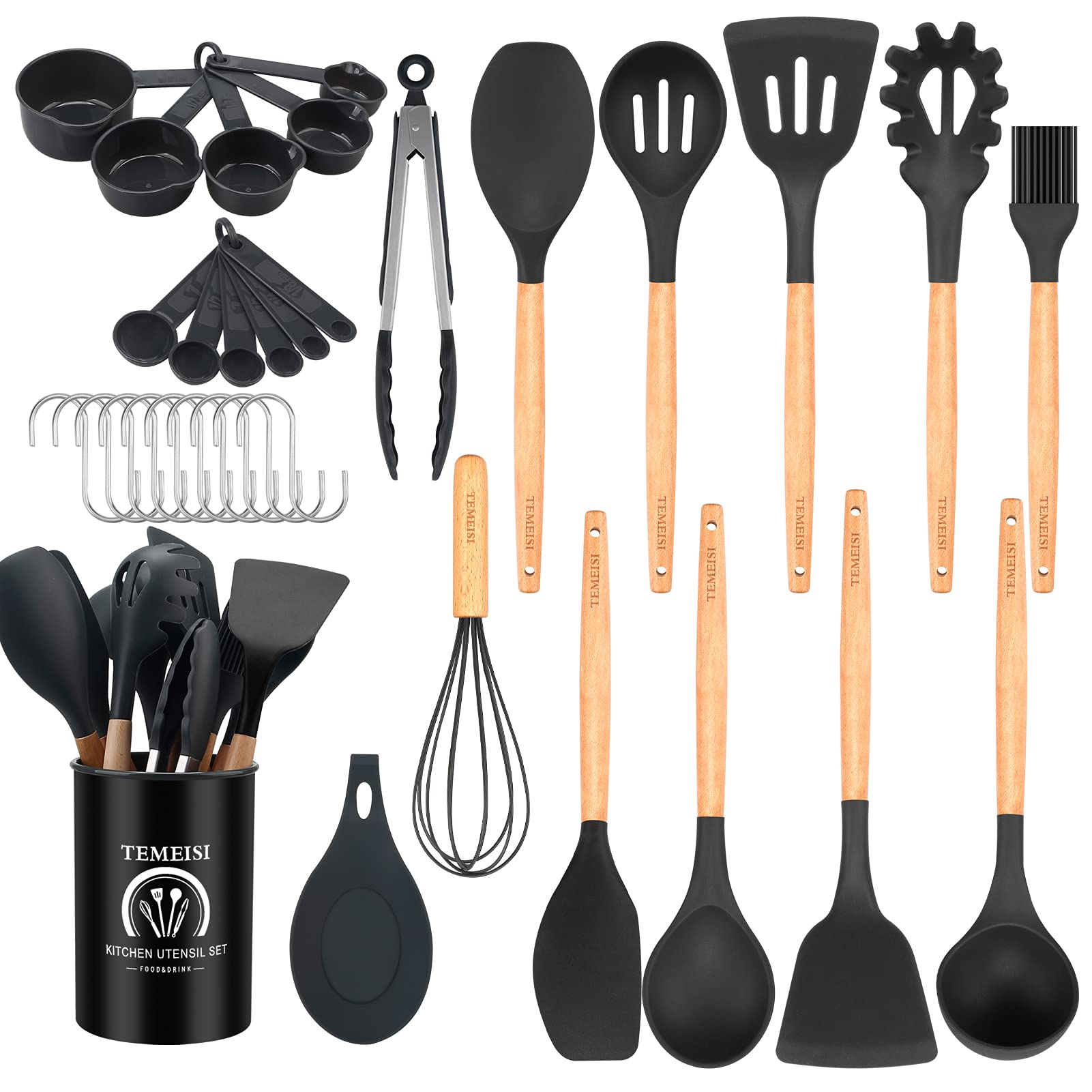 TEMEISI Silicone Cooking Utensils Set, 34 Pcs Wooden Handles Heat Resistant Kitchen Utensils Set, Kitchen Tools Set Include Turner Tongs Spatula Spoon Utensil Holder Kitchen Gadgets (Black Gray)