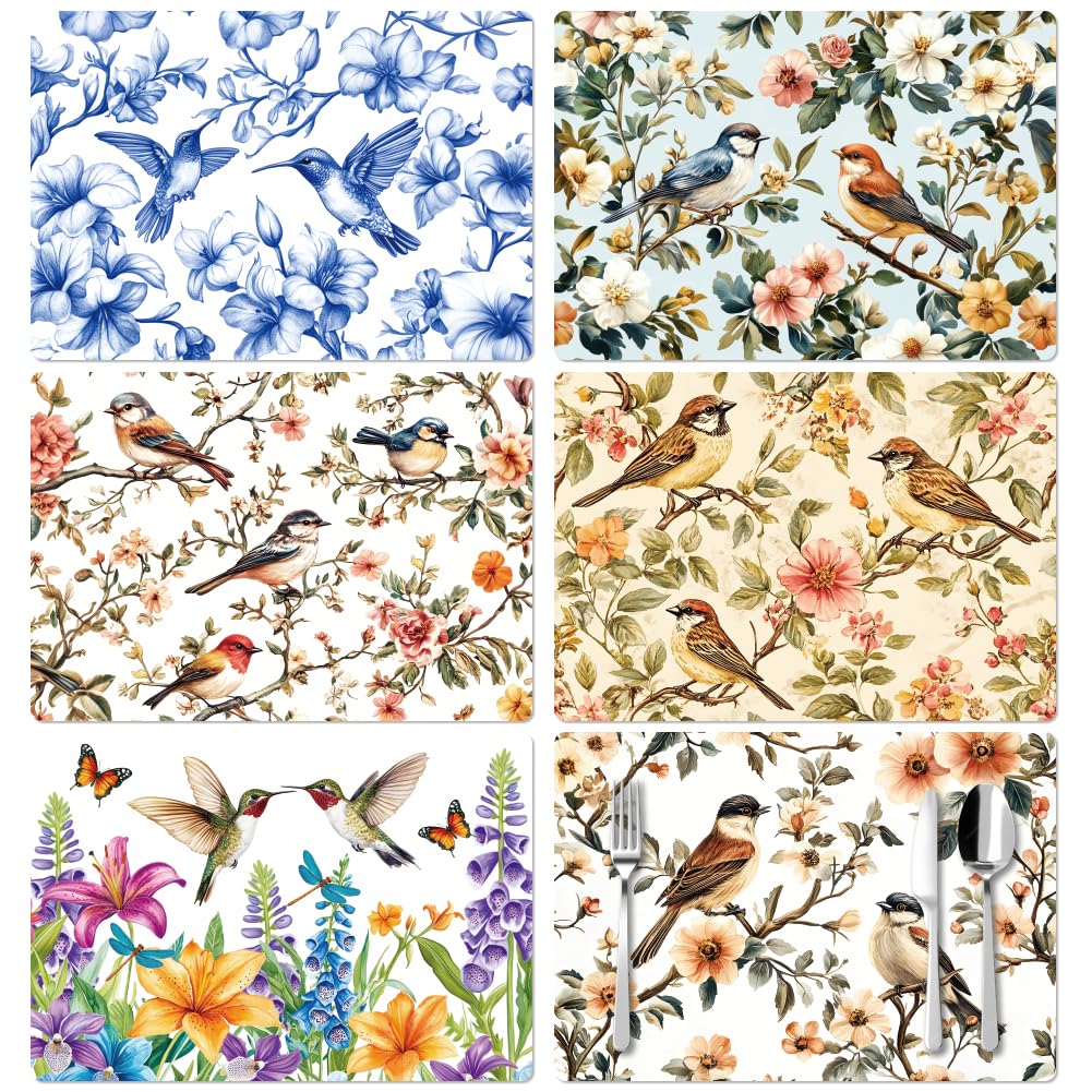 Peacoblue Manteles Individuales Florales Juego de 6 Flores y Pájaros Vintage, 12"x17", Manteles de Mesa Impermeables y Lavables para decoración de Mesa de Interior o exterio, Fiesta Estilo Farmhouse