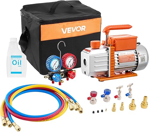 VEVOR Juego de bomba de vacío y medidor de CA, 4.5 CFM 13 HP, bomba de vacío HVAC de paletas rotativas de una etapa, kit de manómetro de colector de