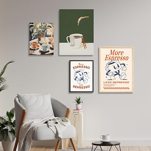 Miniatura 8 de Cyebmo Arte de pared retro enmarcado de café, decoración de pared de plantas de taza de café, pintura en lienzo de acuarela de café, póster