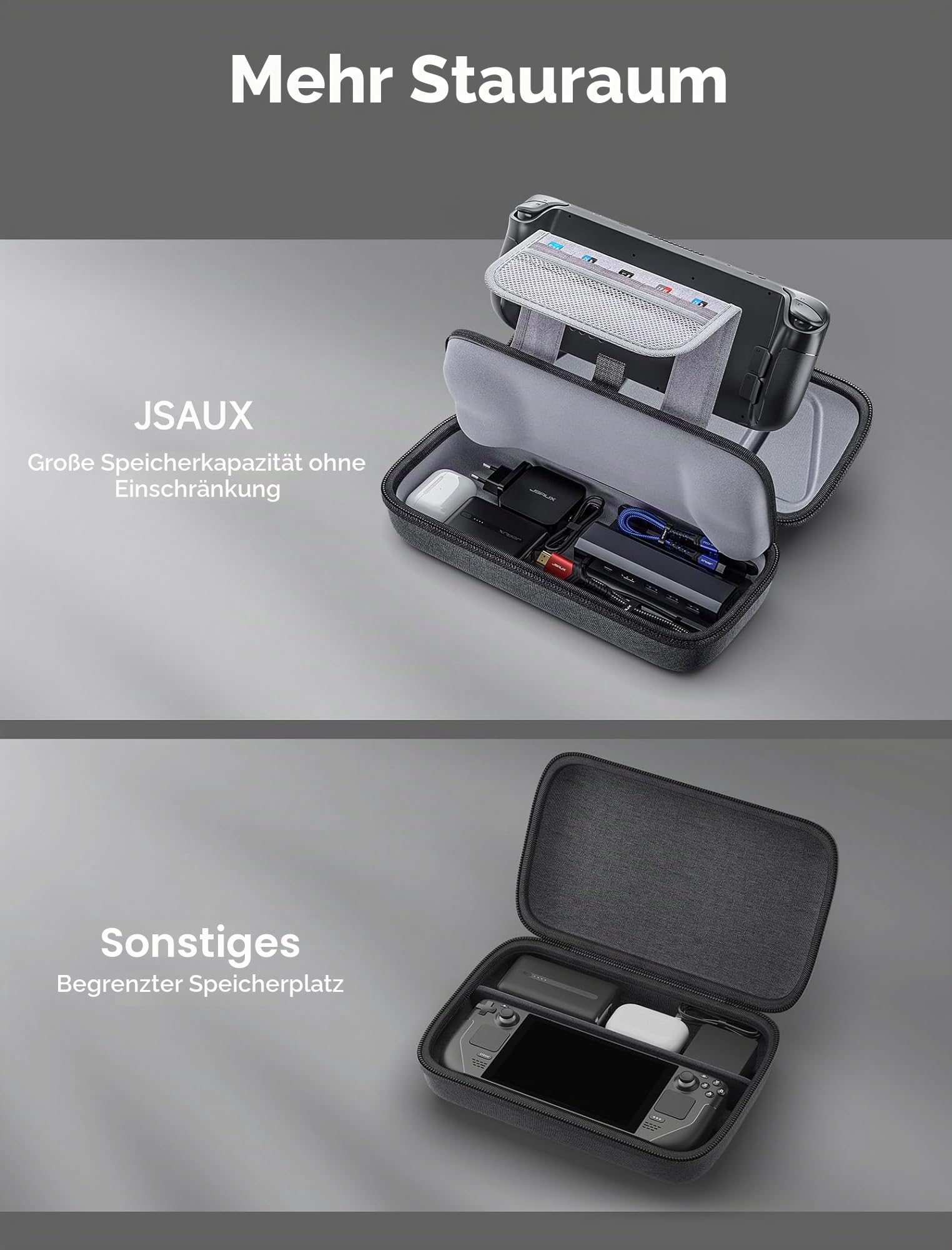 JSAUX Tasche Kompatibel mit Steam Deck & ROG Ally X, Schützende Harte Tragetasche Hülle Case Eingebaute Netzteil Ladegerät Speicher, Tragbare Reise Tragetasche für Steam Deck OLED/ROG Ally