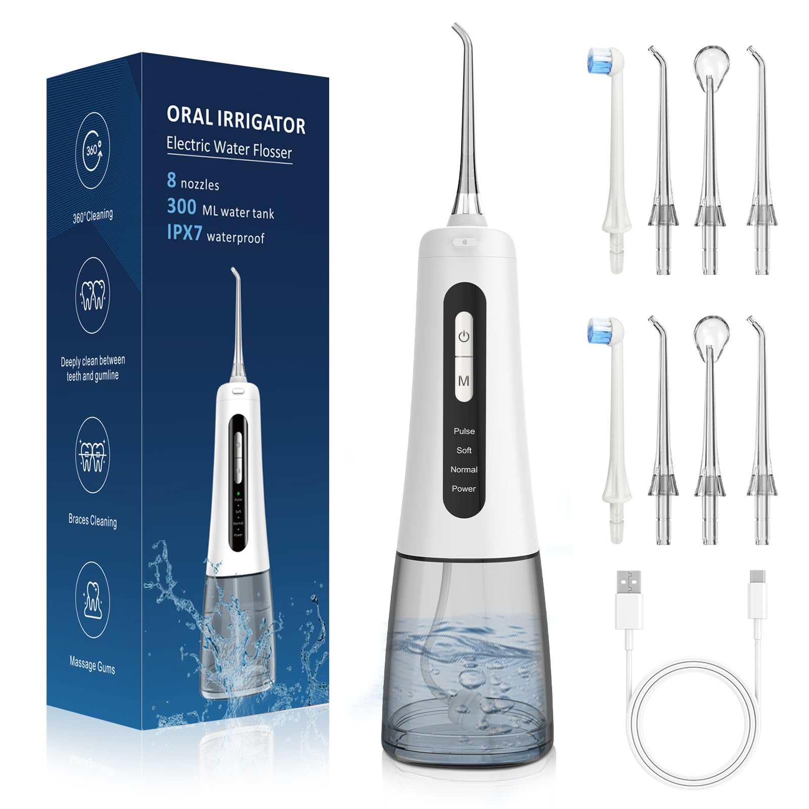 Irrigador Dental, Irrigador Bucal Portatil con 8 Boquillas y 4 Modos, 300ML, Inalámbrico USB Recargable, IPX7 Impermeable, Water Flosser para Viajar y Uso Doméstico