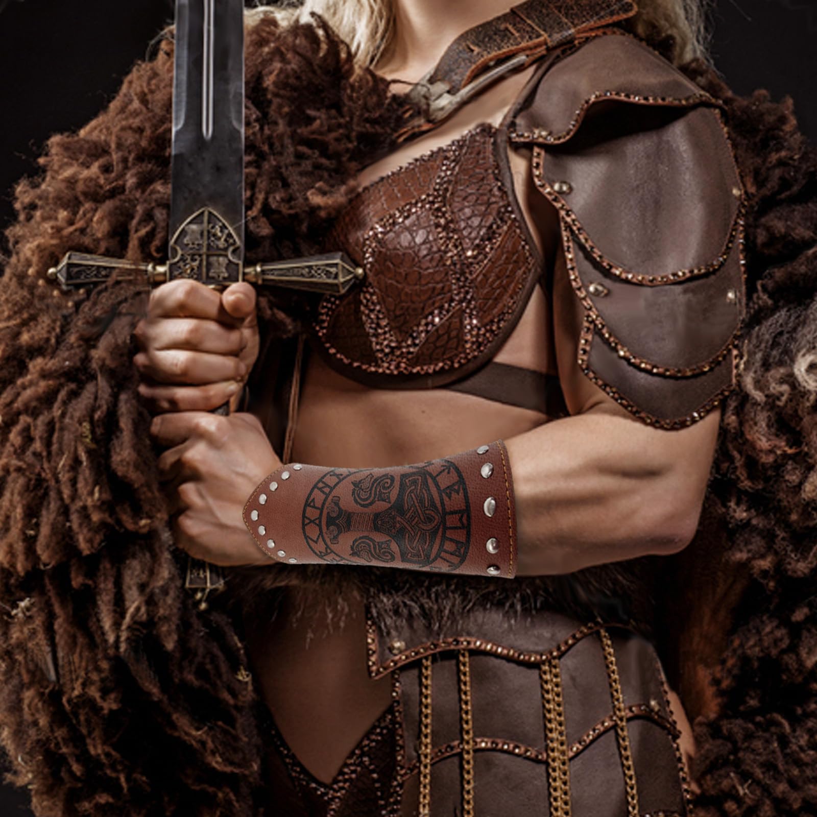LUKIUP Brassards en Cuir Viking, Protège-bras médiévaux en cuir synthétique pour adultes, Protège-poignets en cuir gaufré, Pour LARP/activités de jeu de rôle - Halloween