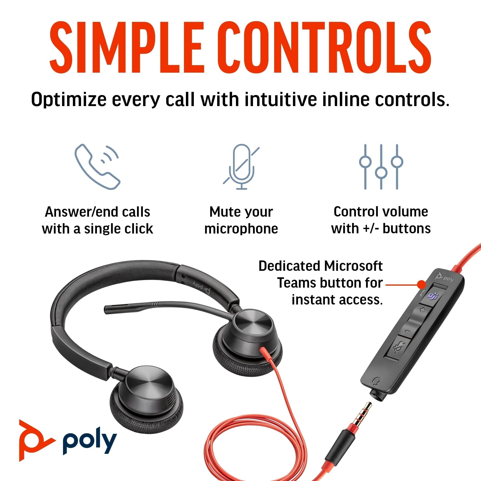 Poly (Plantronics + Polycom) Blackwire, 3325, Bw3325-M USB-C, adapter USB C/A, Ecomm
