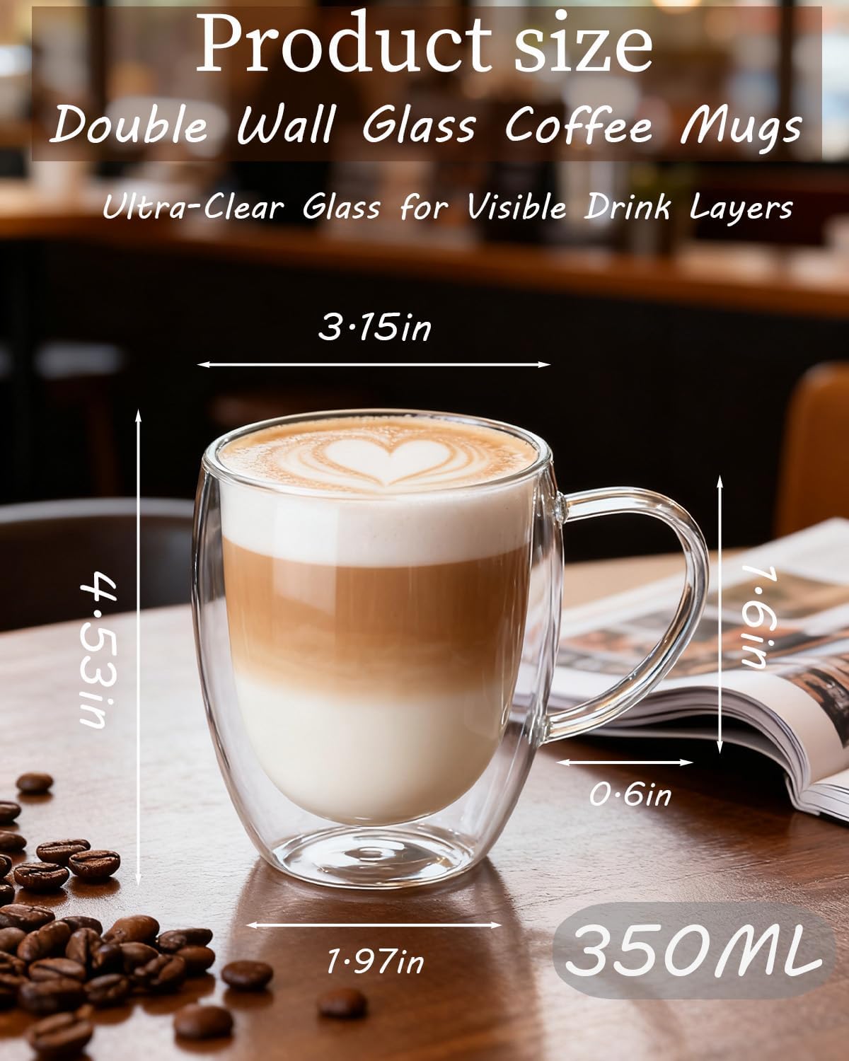 Glass Coffee Cups Set Of 6 - 12oz Double Walled Glass Coffee Mugs with Handle,Clear Insulated Borosilicate Glass Mug,Suitable for Cappuccino,Tea,Latte,Hot Beverage and Wine (6 Pack 12oz +6 Spoons)