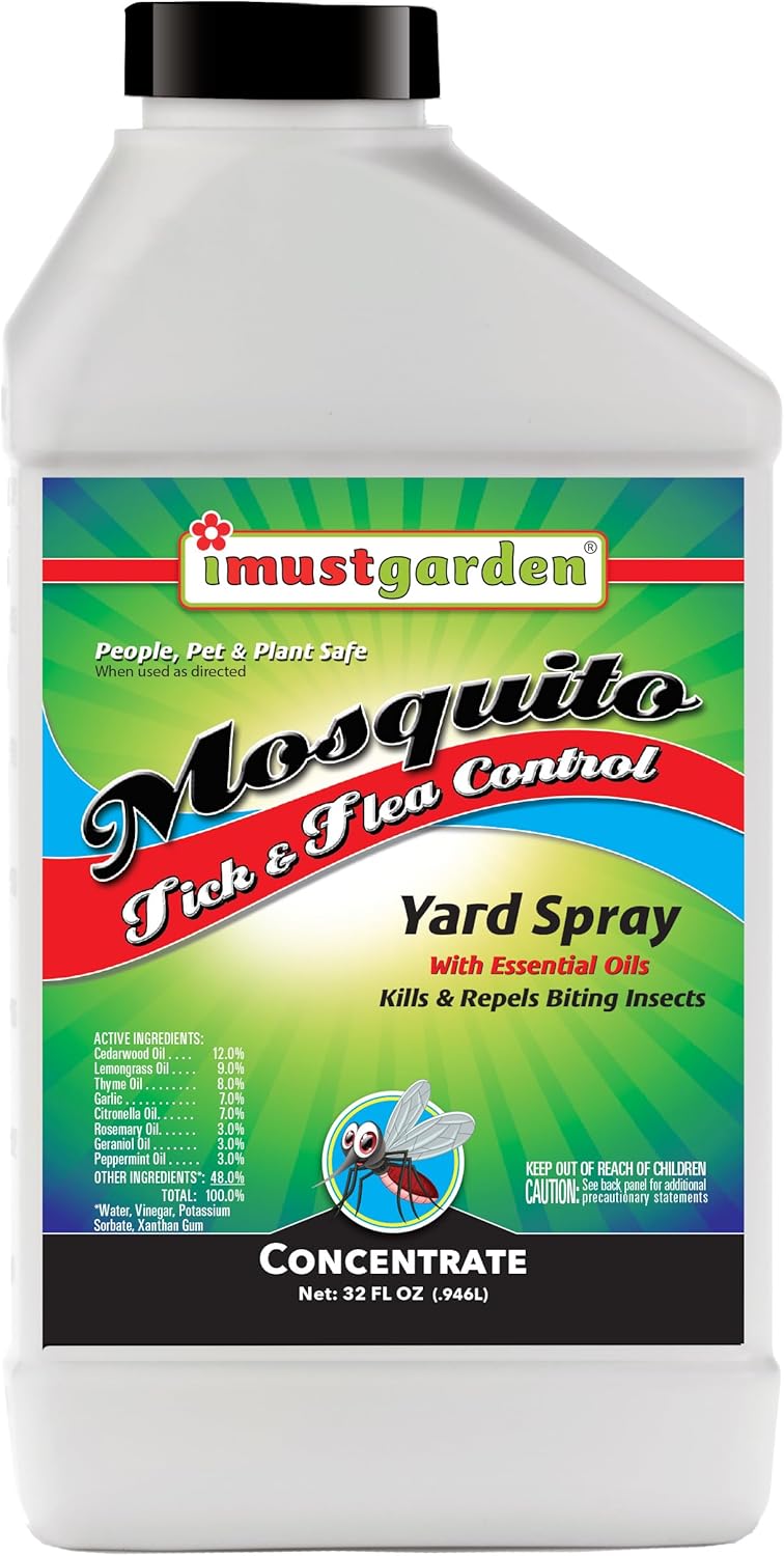 I Must Garden Outdoor Yard Spray Concentrate: Kills & Repels Mosquitos, Ticks, Fleas, and Other Biting Insects – Powerful Blend of Natural Essential Oils – Safe for People, Pets & Plants – 32oz