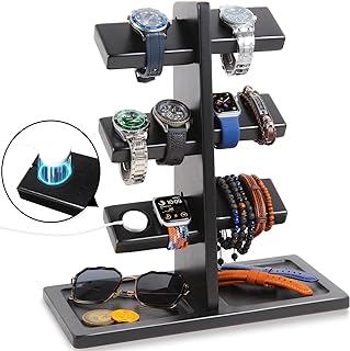 Xnwouco Watch Stand for Men, Watch Display Stand with Charger Groove, Wooden Watch Holder Stand, Jewelry Holder Organizer for Rings, Jewelry, Coins Bracelets, Great Gifts for Men Women, Black