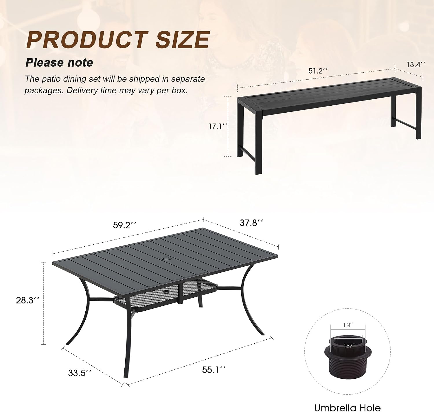 VICLLAX 3 Piece Outdoor Patio Dining Set, 59" Rectangle Dining Table with Umbrella Hole and 51" Backless Garden Bench for Lawn, Porch, Backyard, Black
