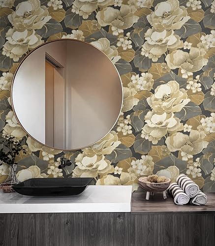 Miniatura 2 de NextWall Nouveau - Papel tapiz floral para despegar y pegar ébano y oro antiguo