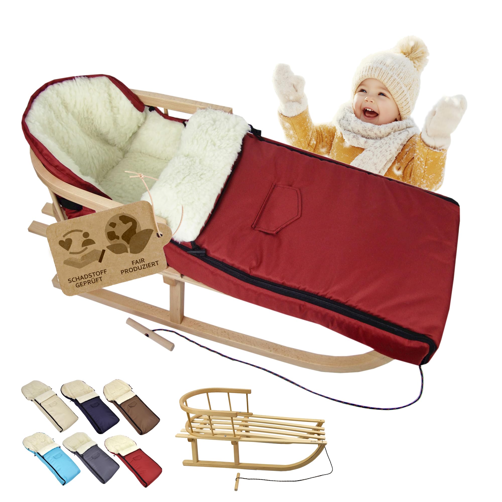 Kombi-Angebot Holz-Schlitten mit Rückenlehne & Zugseil + universaler Winterfußsack (108cm), auch geeignet für Babyschale, Kinderwagen, Buggy, aus Wolle Uni (Bordeaux)