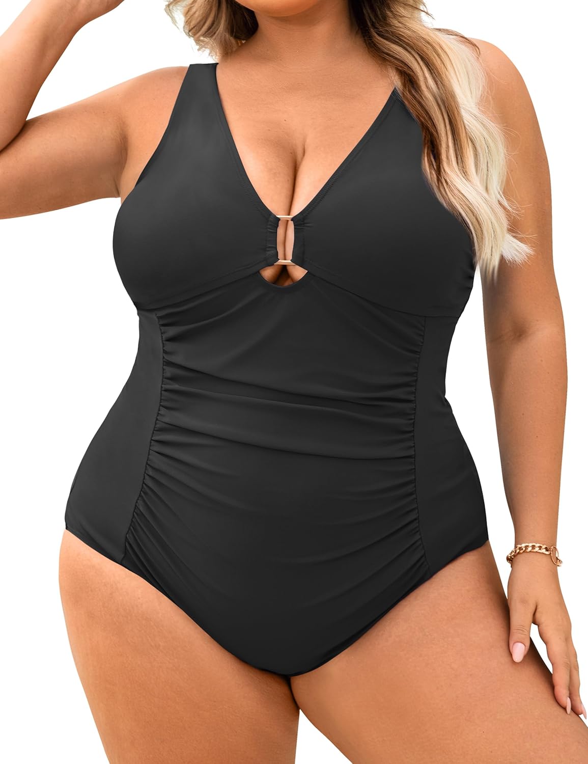 Women's Plus Size One Piece Swimsuits Tummy Control Ruched Bathing Suit Sexy Cutout Deep V Neck Swim Suit XL