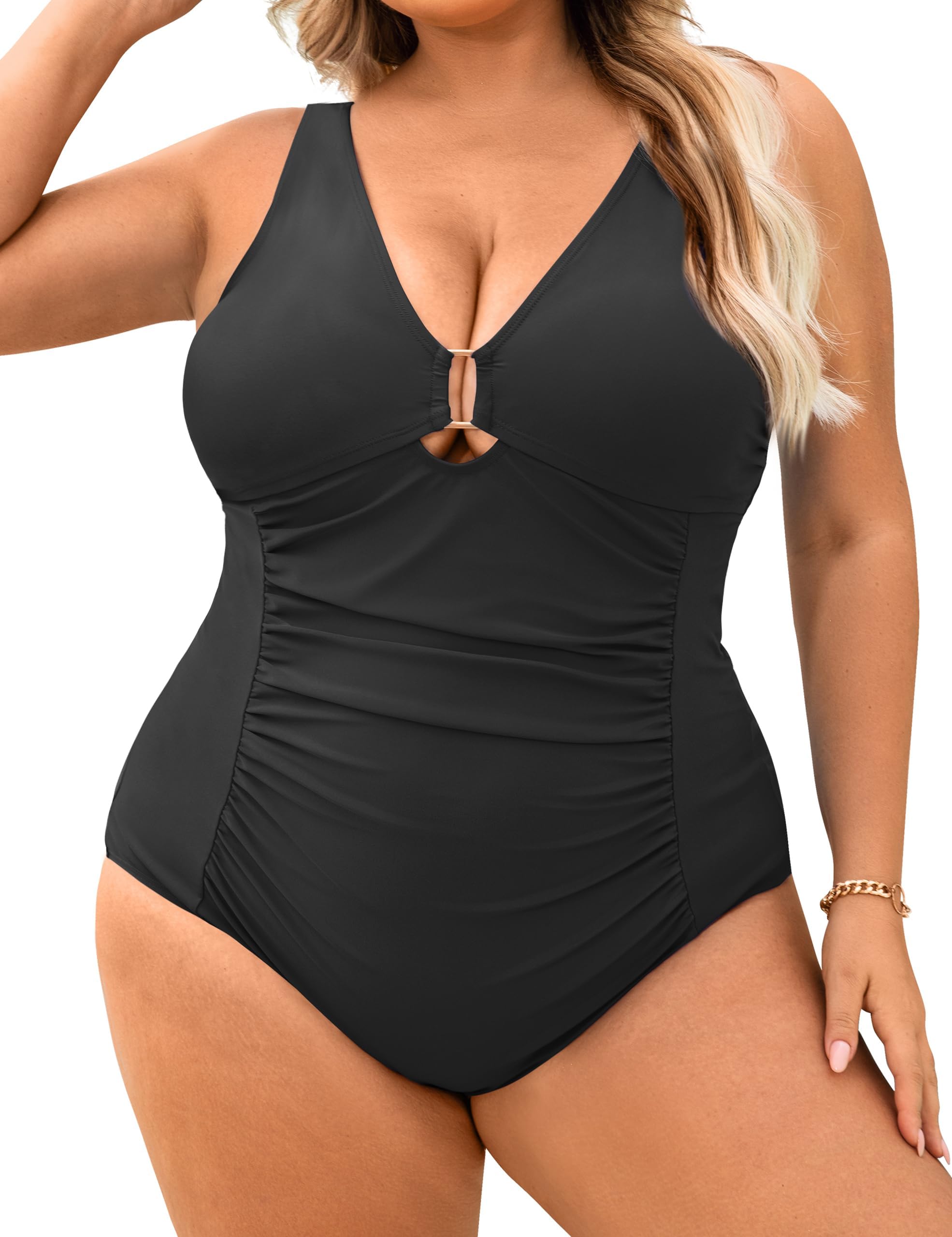 Women's Plus Size One Piece Swimsuits Tummy Control Ruched Bathing Suit Sexy Cutout Deep V Neck Swim Suit XL