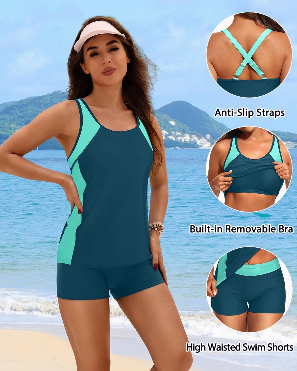Daci Women 2 Piece Tankini Swimsuit - 2025 Tummy Control Sporty Bathing Suit Color Block Swim Tank Top with Boy Shorts - Image 3