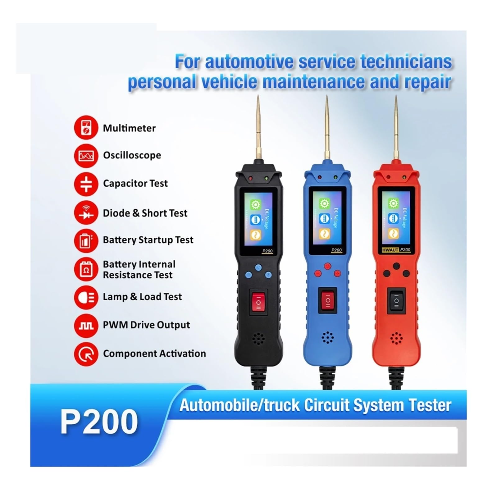 Probador de circuito automotriz 12 24 V, P100, P200, sonda potencia, comprobador eléctrico, herramienta prueba lámpara voltaje continuidad, cable 2 m Probador Electrónico(Red 2m cable)